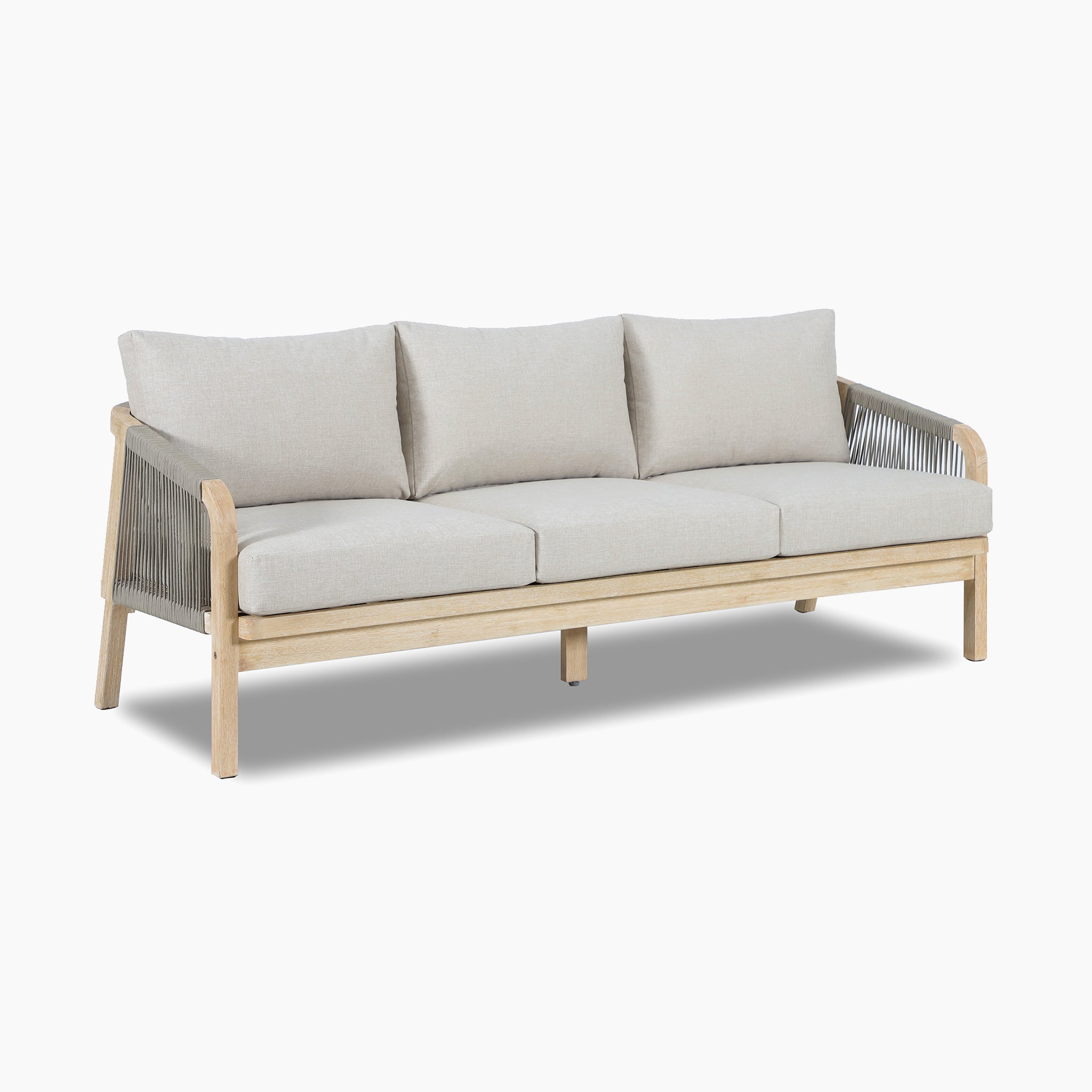 Quay 3 Seat Sofa Set in Mocha features a light wood frame and rope detailing on the arms and back, ideal for garden use, shown isolated on a white background.