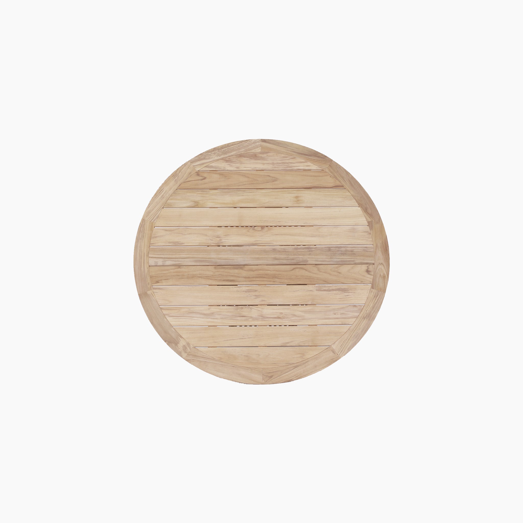 Viewed from above, this teak round table top is part of the stylish Lucca 6 Seat Dining Set with a natural finish and visible grain pattern, perfect for outdoor living.