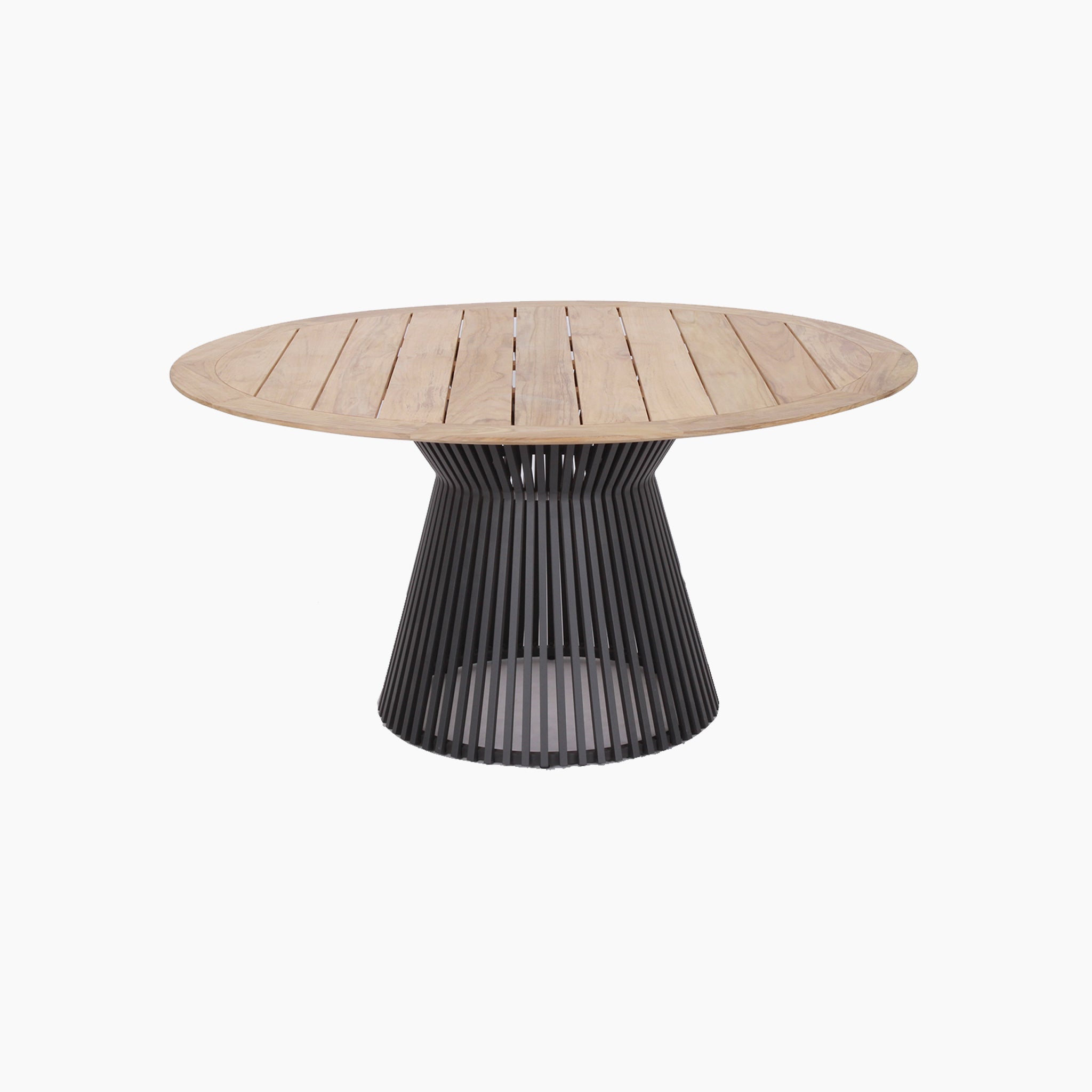 The Lucca 6 Seat Dining Set with Teak Round Table in Black includes a table featuring a teak slatted surface on an open cylindrical black metal base, perfect for outdoor living.