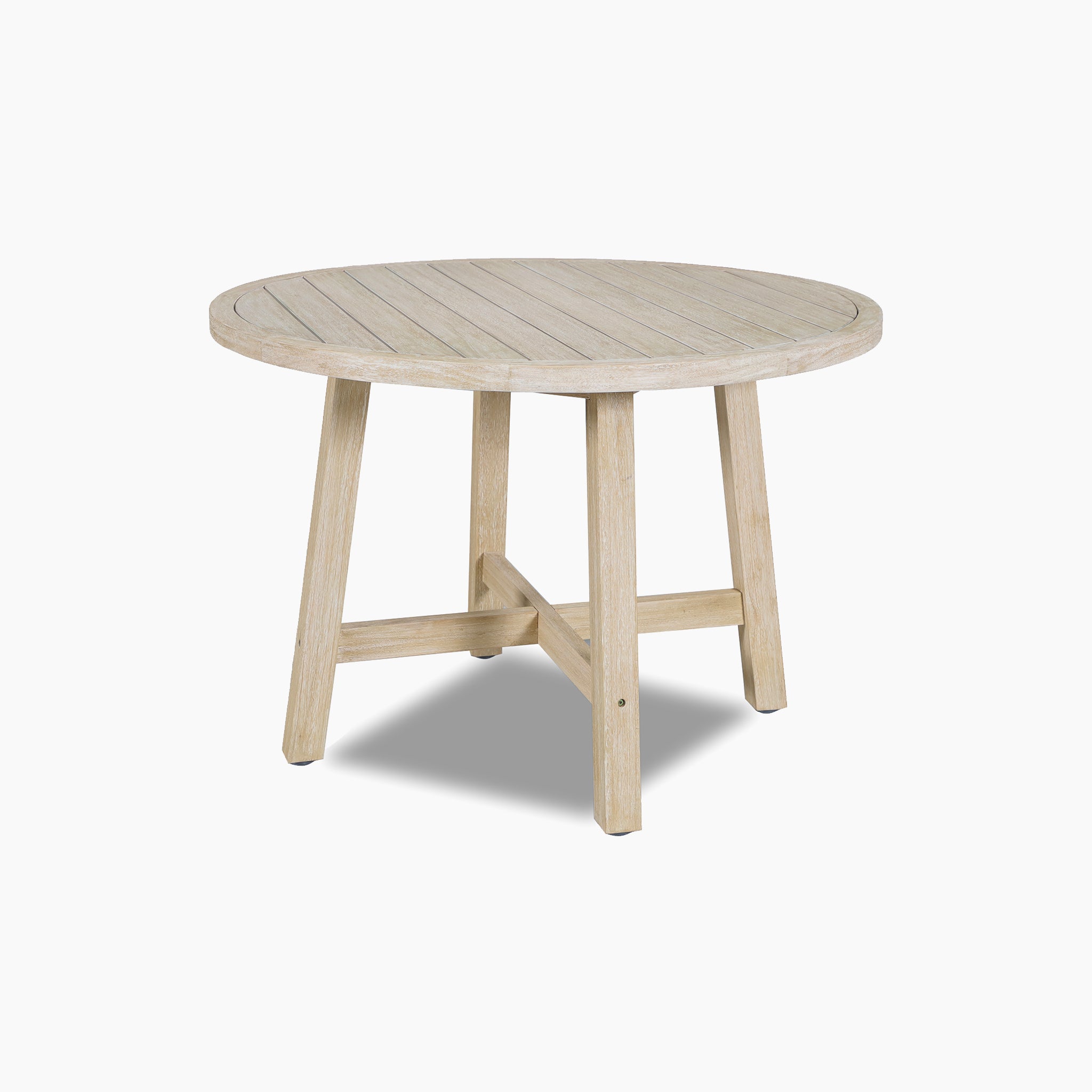 The Quay 4 Seat Round Dining Set in Mocha features a round wooden table with four legs and a crossbar support, perfect for outdoor dining or patio use, displayed on a plain white background.