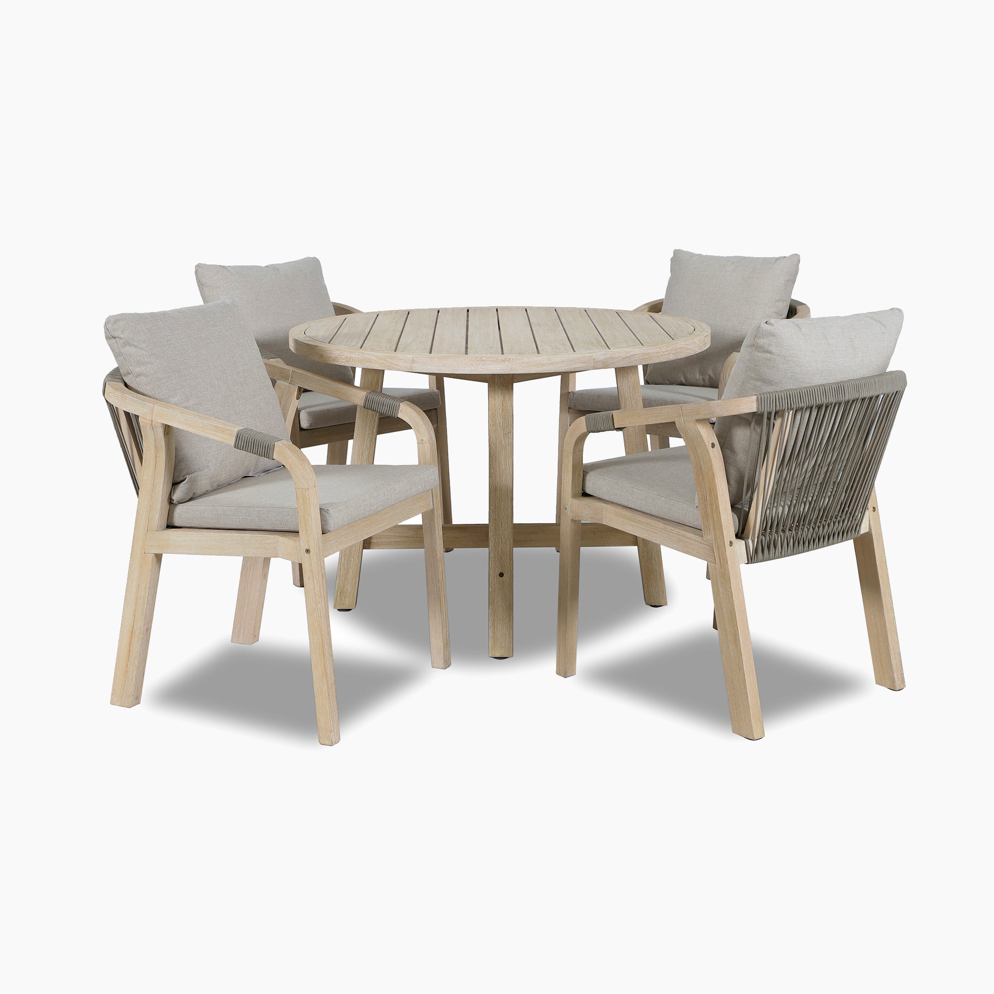 The Quay 4 Seat Round Dining Set in Mocha includes four cushioned chairs, ideal as outdoor dining or patio furniture, shown arranged on a white background.