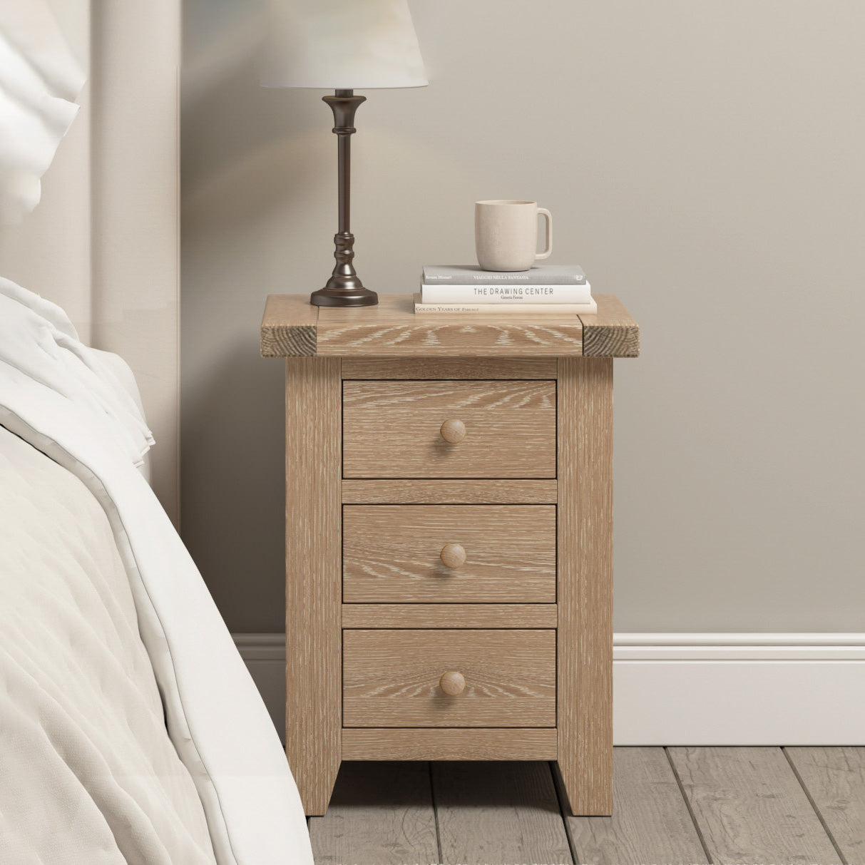 Burford 3 Drawers Bedside Table in Natural Oak