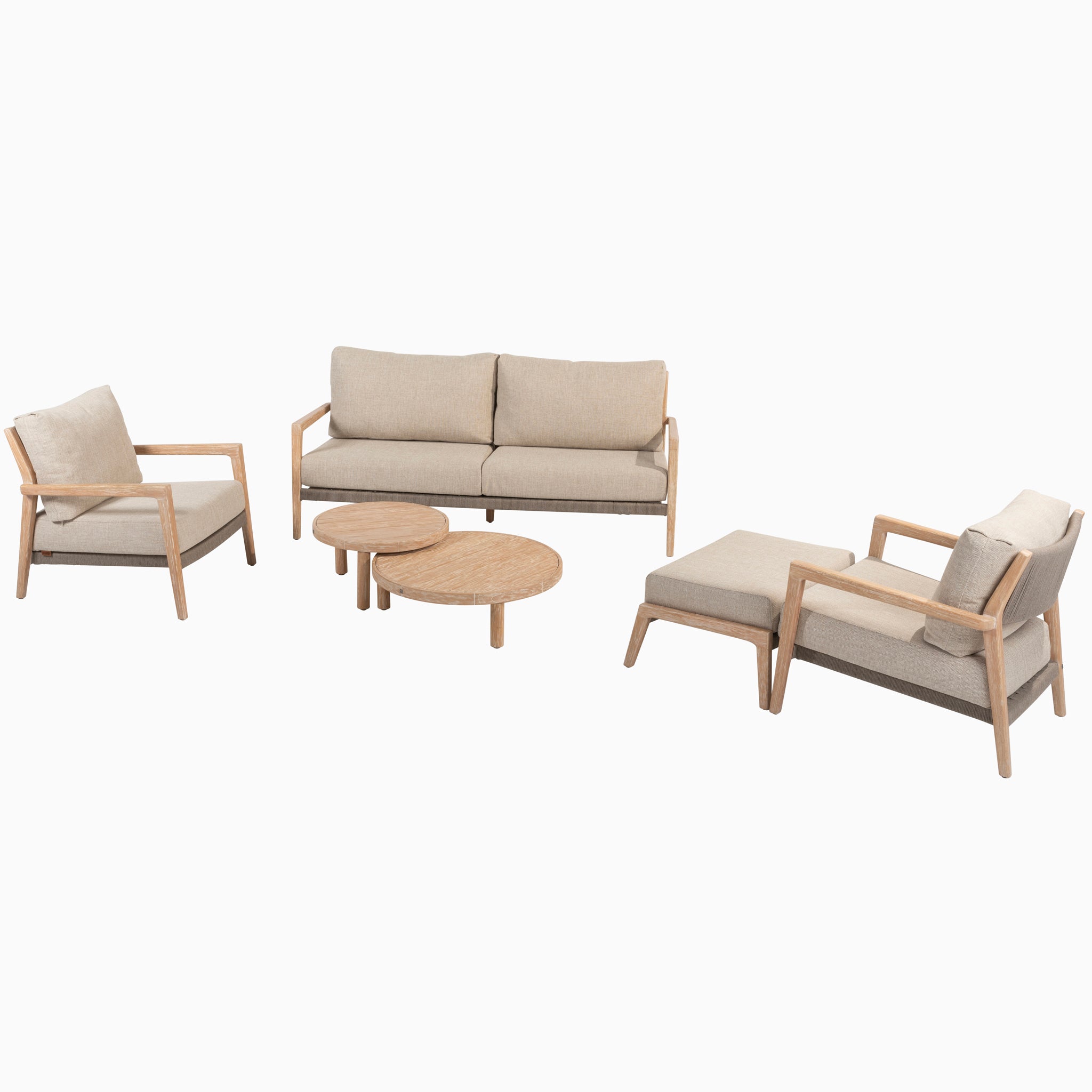 The Noah 3 Seat Sofa Set, from the Teak Outdoor Furniture collection, showcases a modern design with beige cushions. It includes a stylish sofa, two armchairs, an ottoman, and two round wooden tables, crafted for comfort and durability in any outdoor setting.