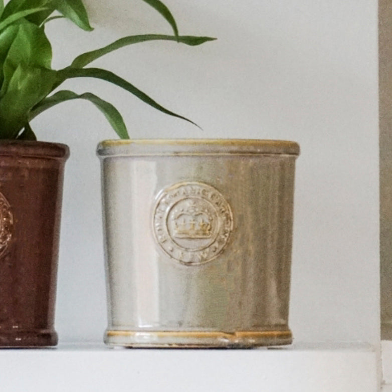 Two ceramic pots on a shelf: one ivory planter with a reactive glaze finish holding a plant, the other beige with an embossed Kew Gardens logo.