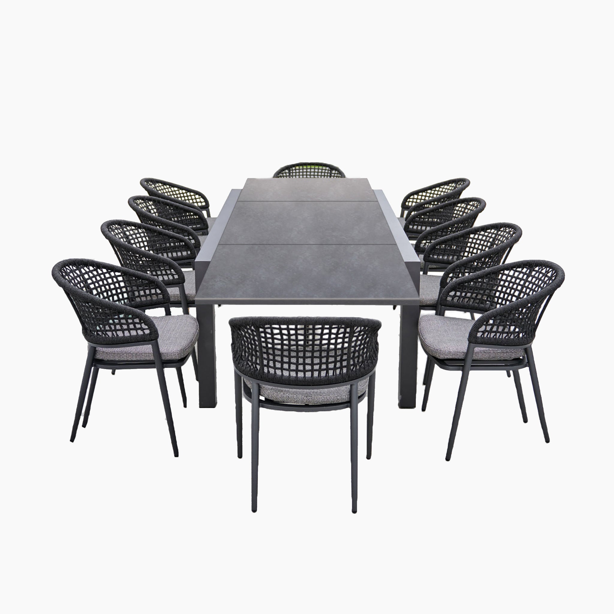 The Kalama 10 Seat Rectangular Extending Dining Set with Ceramic Table in Charcoal features a weather-proof aluminium frame with a ceramic glass table and ten wicker chairs, boasting dark frames and light cushions.
