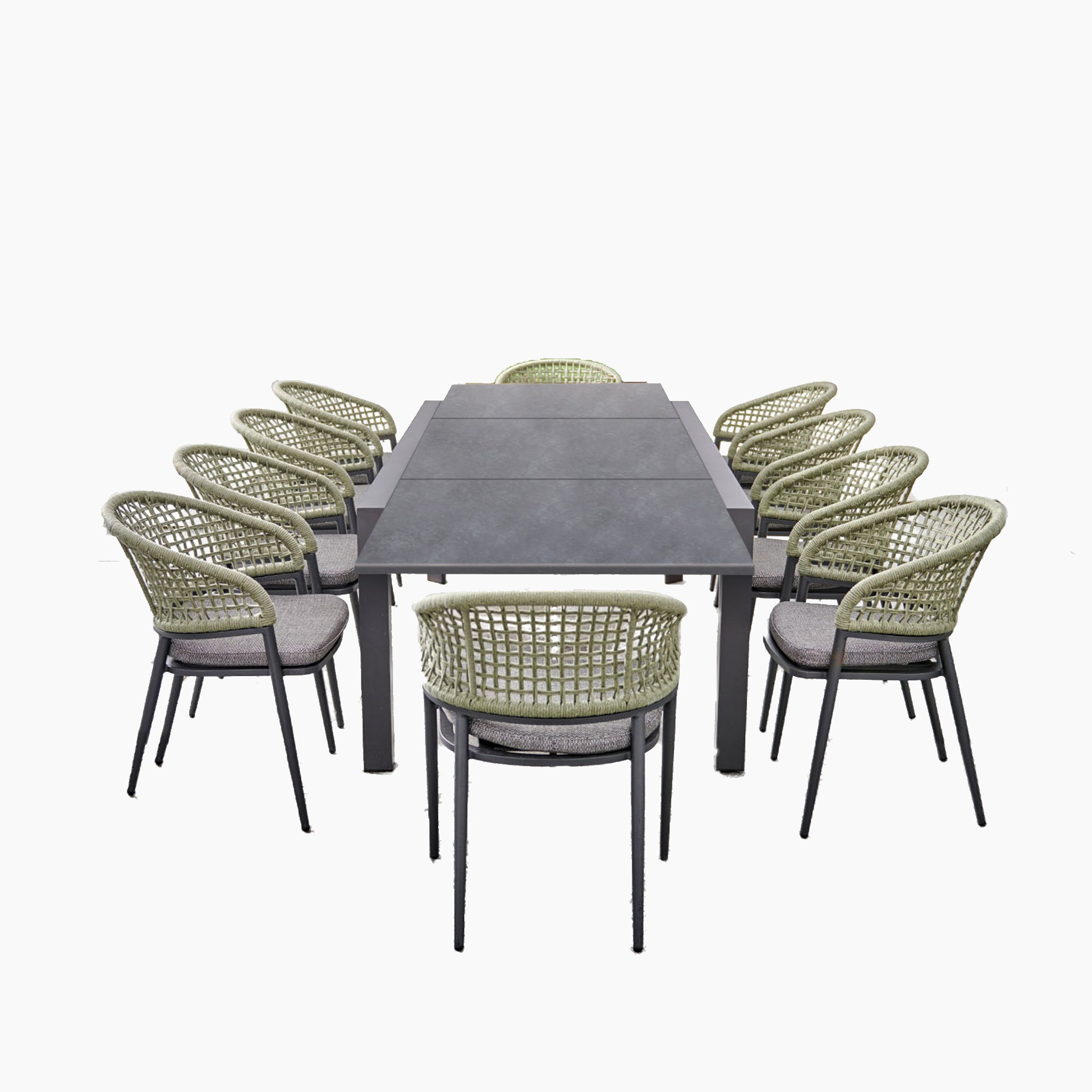 Kalama 10 Seat Rectangular Extending Dining Set with Ceramic Table in Olive Green