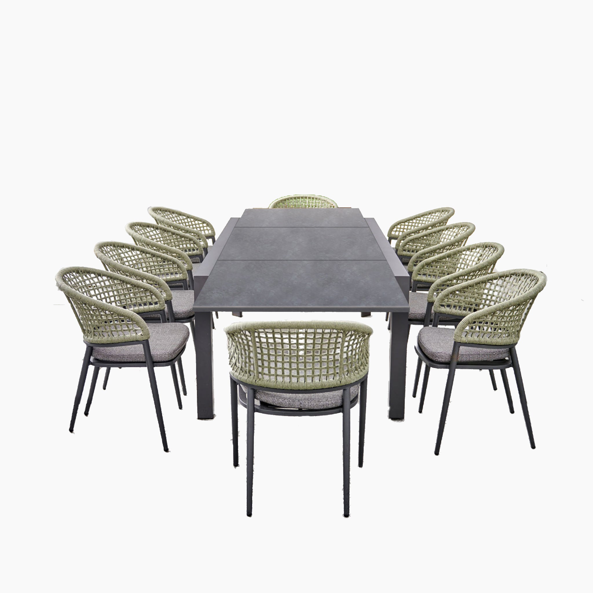 Introducing the Kalama 10 Seat Rectangular Extending Dining Set in Olive Green, featuring a ceramic glass table at the center and surrounded by eight woven chairs.
