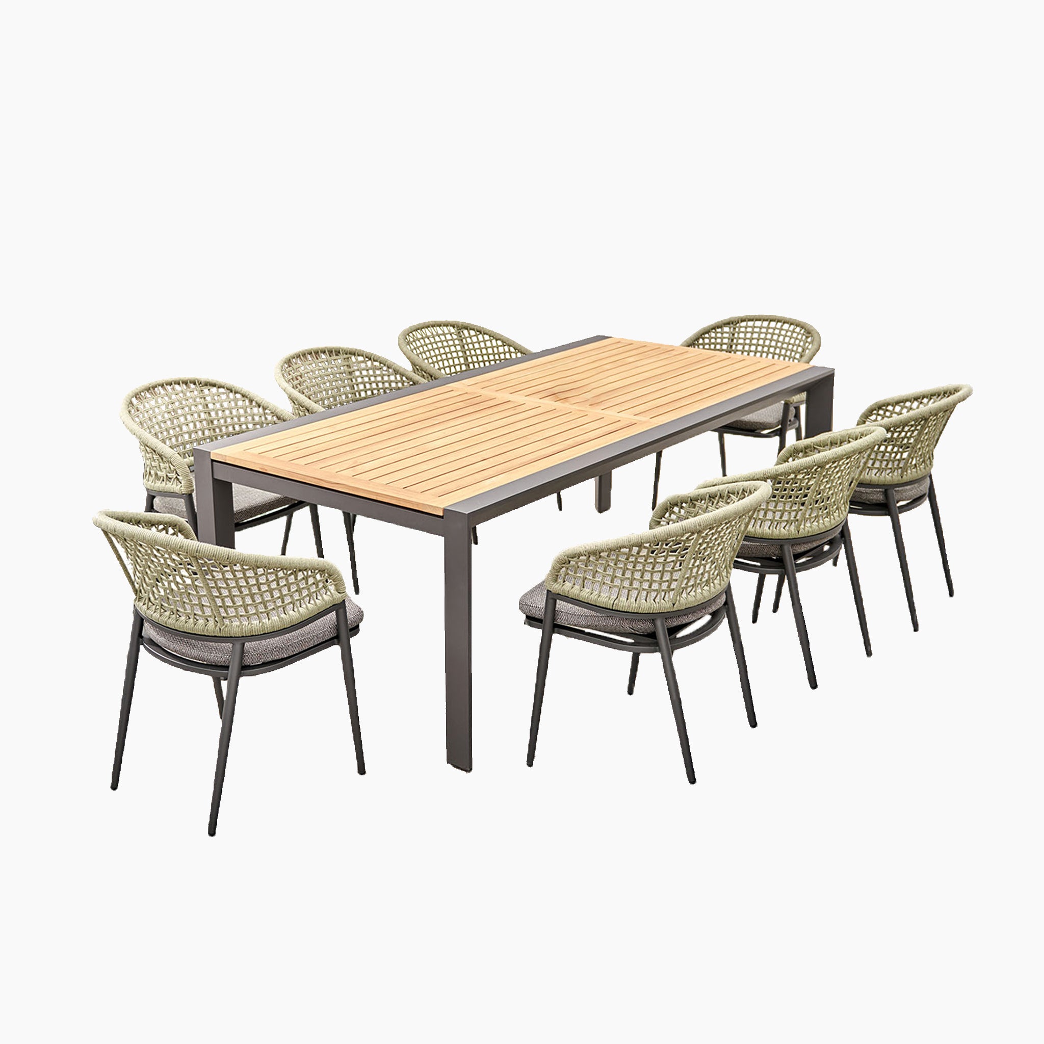 The Kalama 8 Seat Rectangular Extending Dining Set with Teak Table in Olive Green features a stunning outdoor dining arrangement with an extendable teak table and eight woven chairs. This exquisite garden furniture set is perfect for alfresco meals, providing both elegance and durability for your patio or garden space.