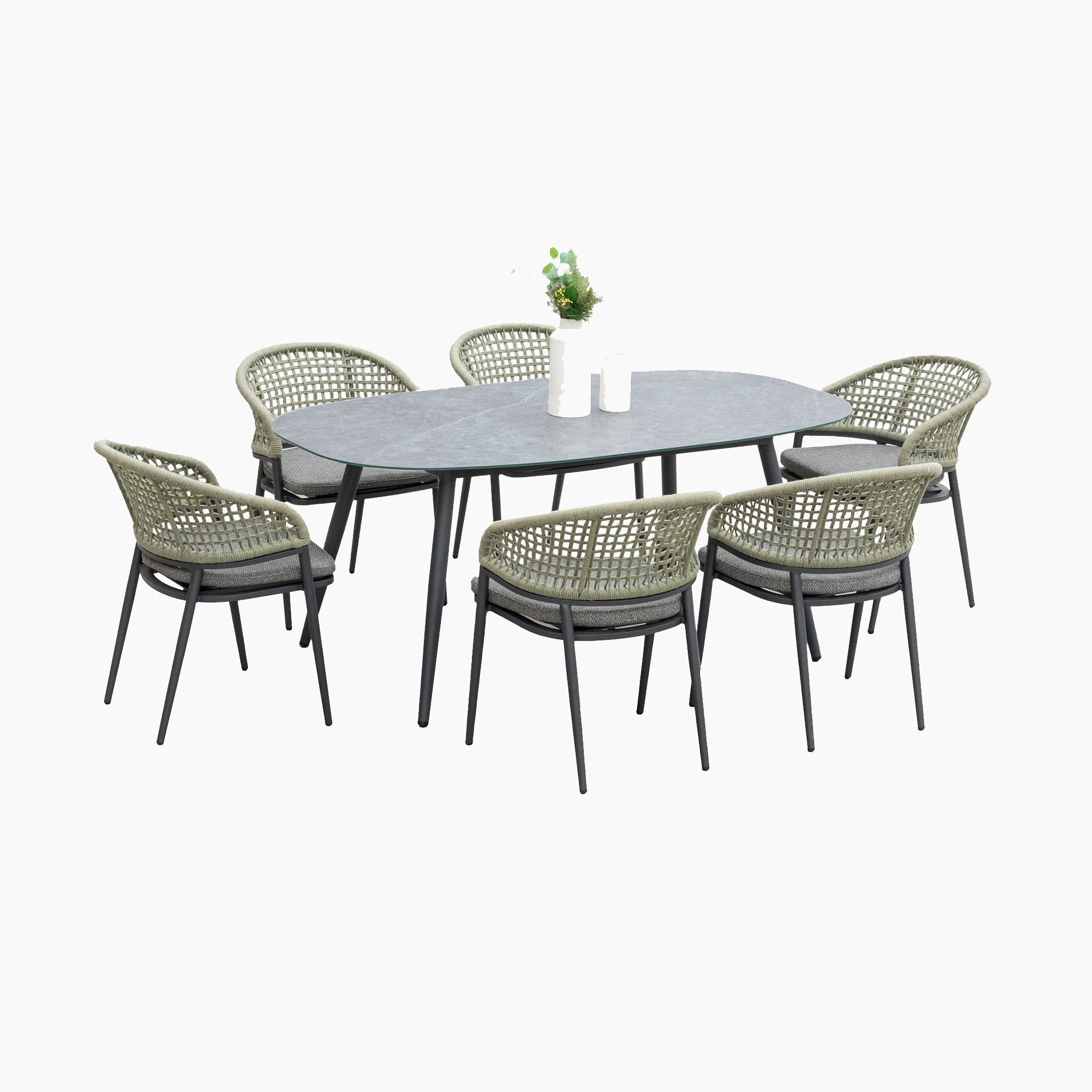 Kalama 6 Seat Rope Oval Dining Set with Ceramic Table in Olive Green