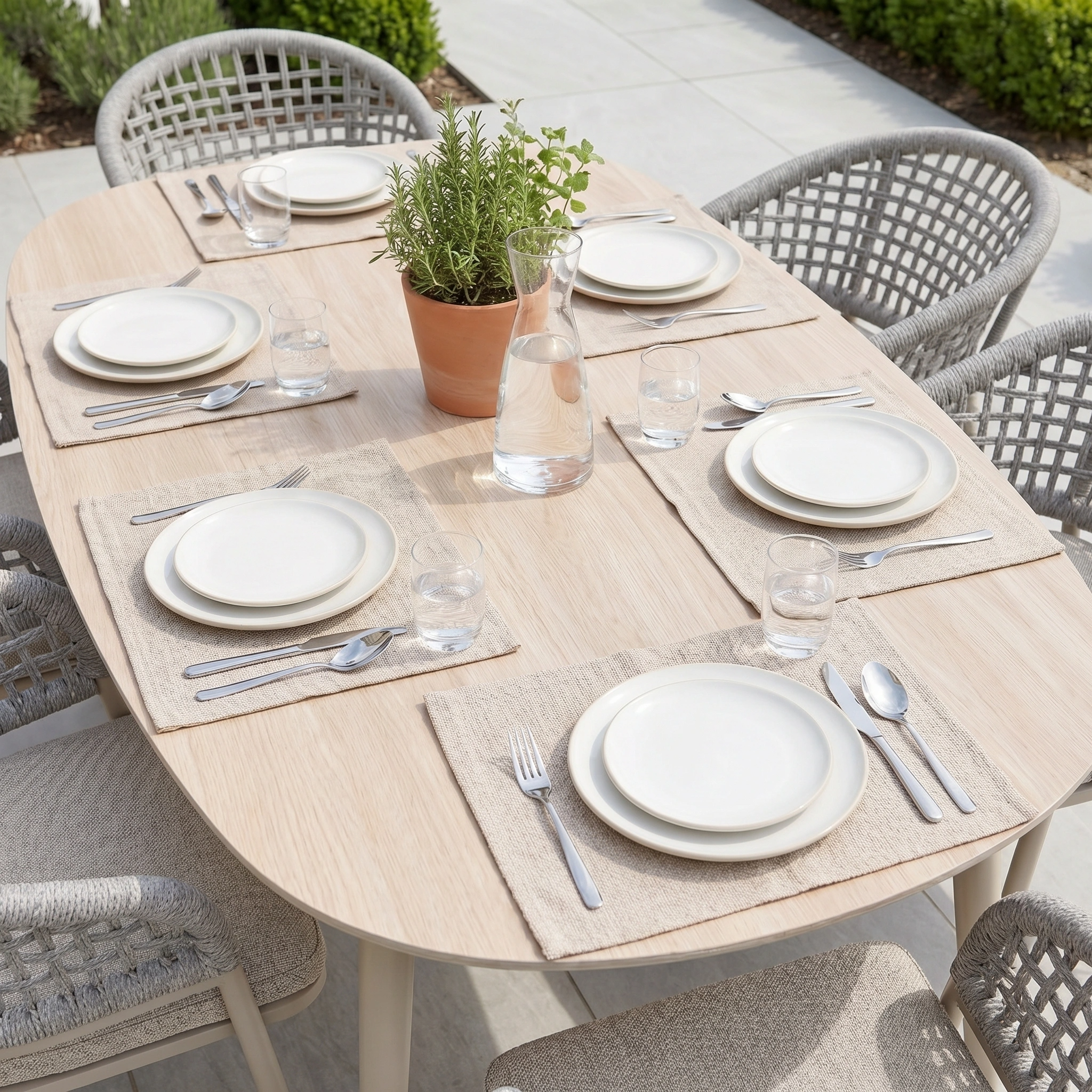 The Kalama 6 Seat Oval Rope Dining Set in Oatmeal features neutral plates, cutlery, glasses, and a potted herb centerpiece—perfect garden furniture for stylish outdoor gatherings.