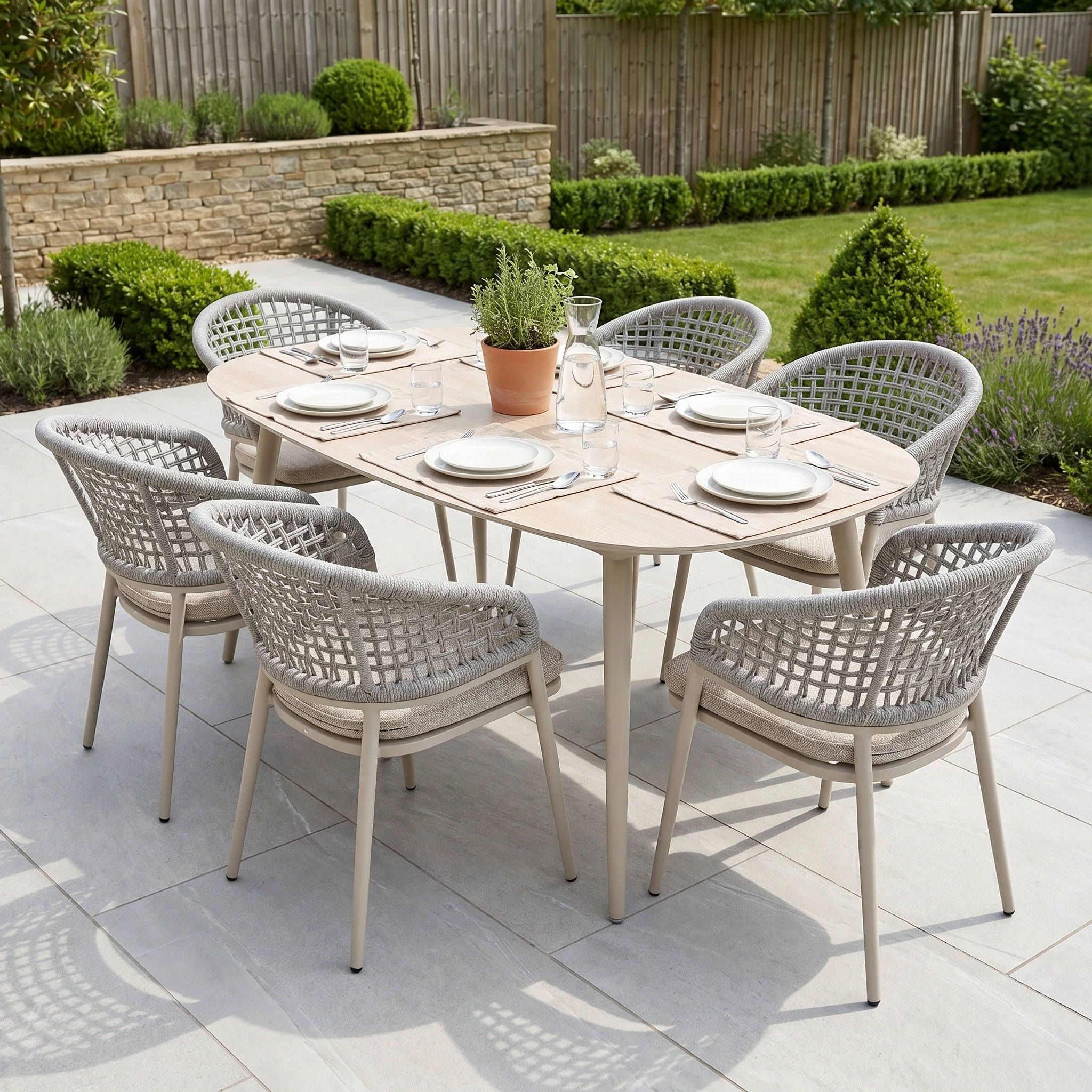 Enjoy relaxing meals with the Kalama 6 Seat Oval Rope Dining Set in Oatmeal, featuring a potted plant centerpiece and surrounded by greenery—the perfect patio furniture for your outdoor space.