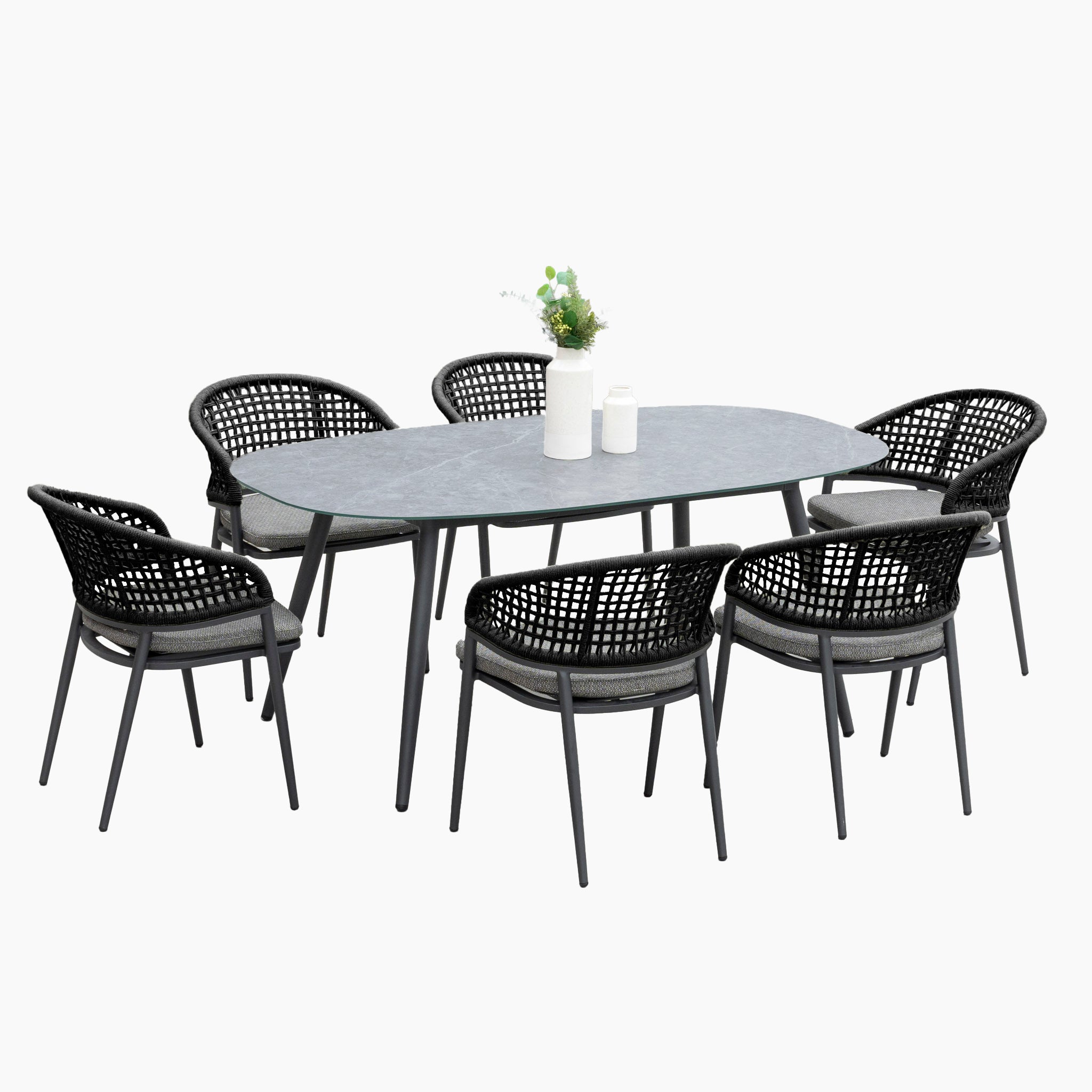 Kalama 6 Seat Rope Oval Dining Set with Ceramic Table in Charcoal