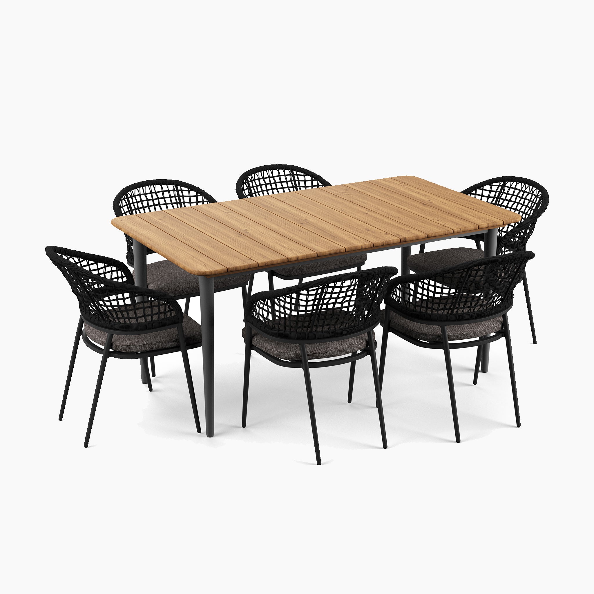 Introducing the Kalama 6 Seat Rectangular Dining Set with Teak Table in Charcoal: a wooden rectangular teak table paired with six black wicker chairs, all elegantly arranged against a pristine white background.