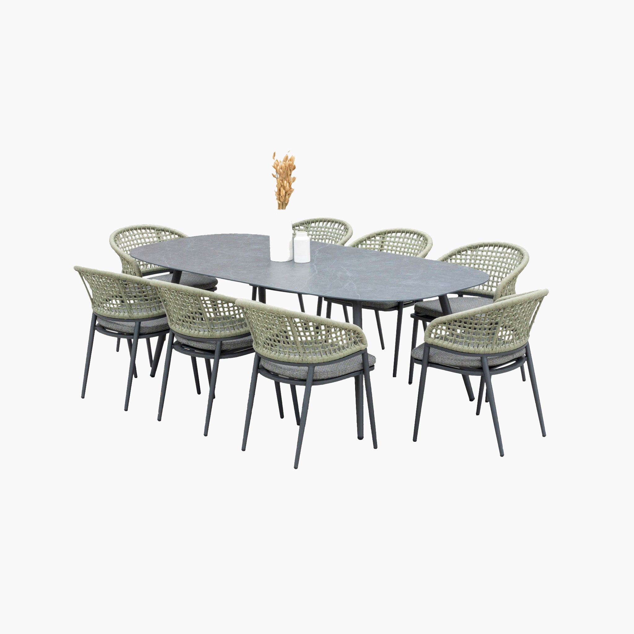 Kalama 8 Seat Rope Oval Dining Set with Ceramic Table in Olive Green