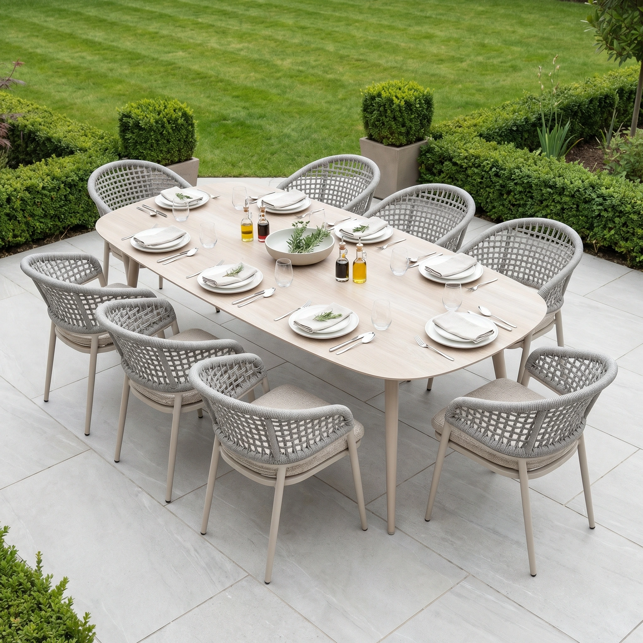 The Kalama 8 Seat Oval Rope Dining Set in Oatmeal provides a stylish, weatherproof dining table perfect for outdoor gatherings on your patio, surrounded by lush greenery and a manicured lawn.