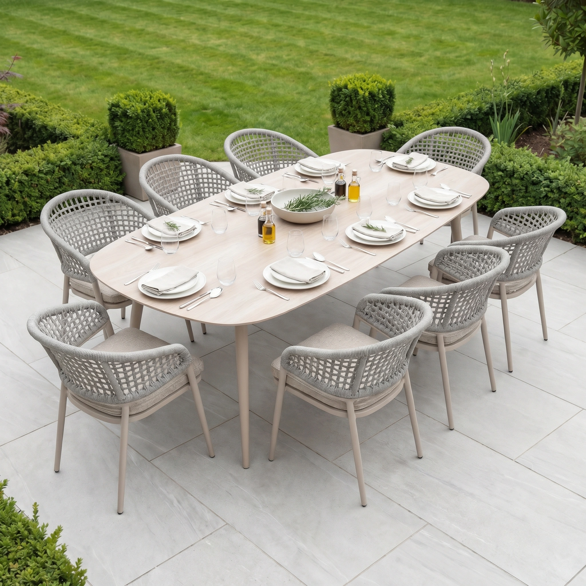 The Kalama 8 Seat Oval Rope Dining Set in Oatmeal is a stylish, weatherproof table ideal for outdoor gatherings, beautifully complementing lush greenery and a neatly trimmed lawn.