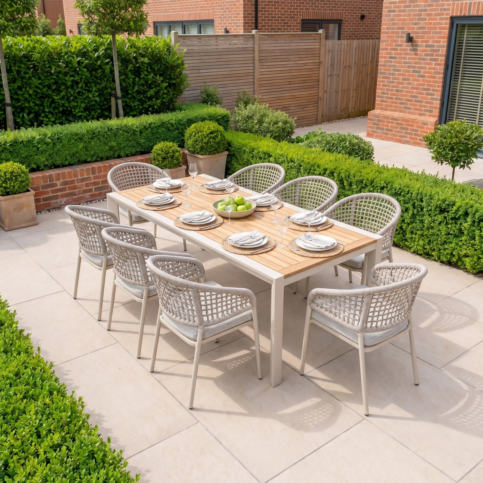 A Kalama 8 Seat Extending Dining Set with Teak Table in Oatmeal, complete with eight chairs, is arranged for dining on a patio amid lush greenery.
