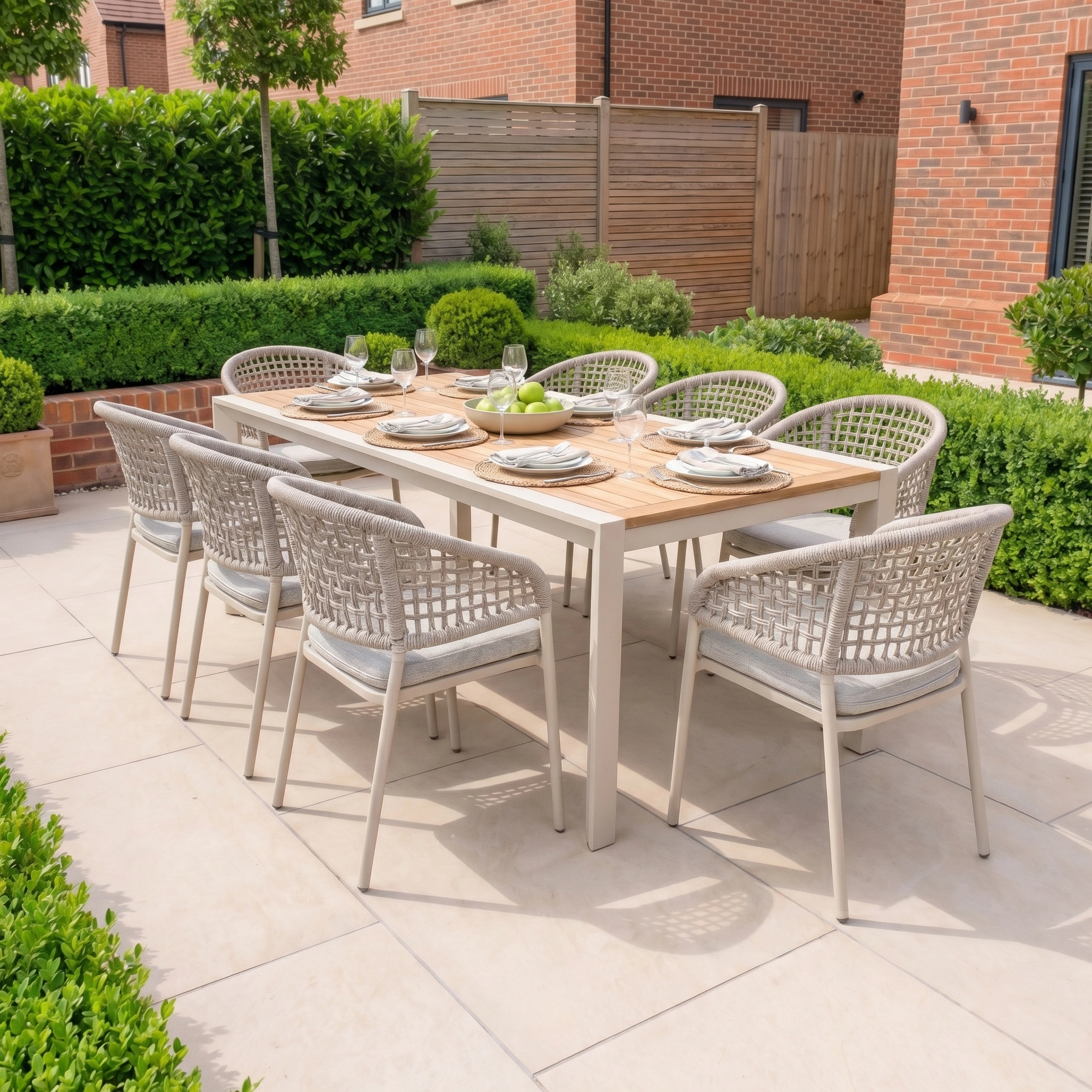 The Kalama 8 Seat Extending Dining Set with Teak Table in Oatmeal includes modern chairs, plates, and glasses—ideal for outdoor patio dining.