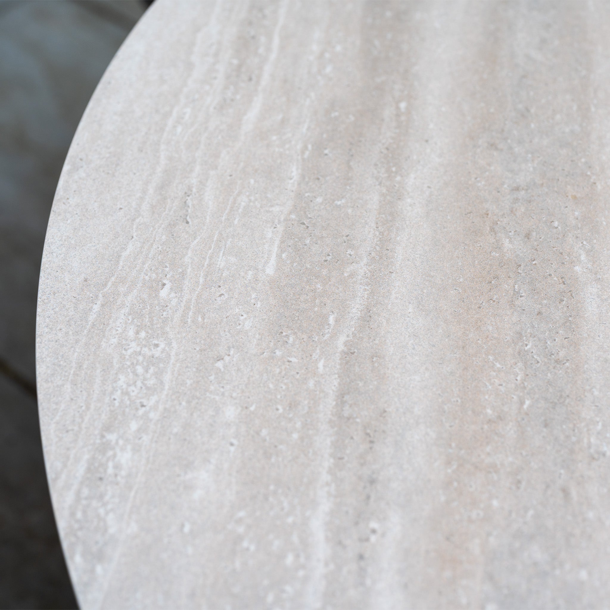 Close-up of the Kalama 4 Seat Round Rope Dining Set with Albatross Table in Oatmeal, featuring a light beige marble surface with subtle veining and smooth texture—ideal for elegant dining or stylish outdoor gatherings.