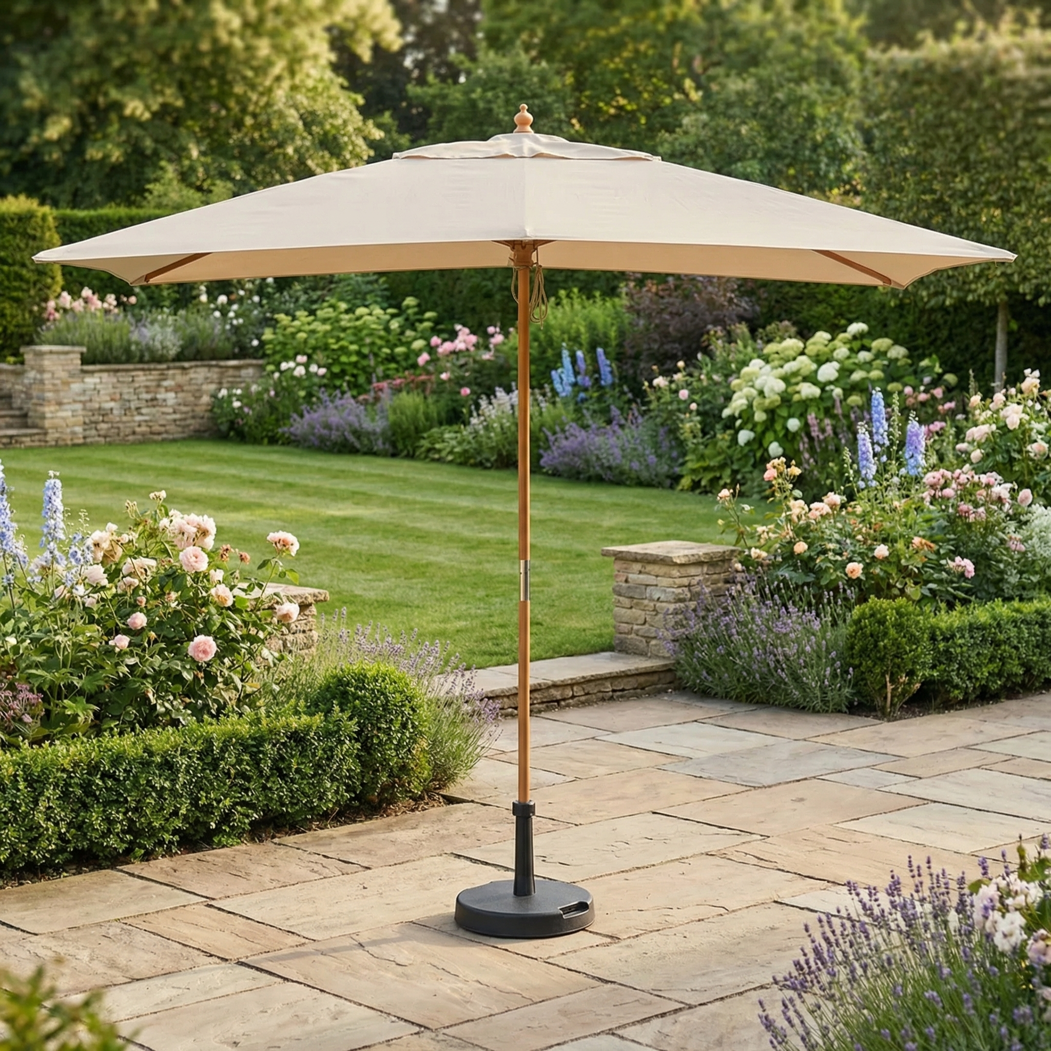 The Kratos 3m x 2m Rectangular Wooden Parasol in Beige, UV 50+ rated, stands on the stone terrace, providing stylish sun protection in the lush, blooming garden.