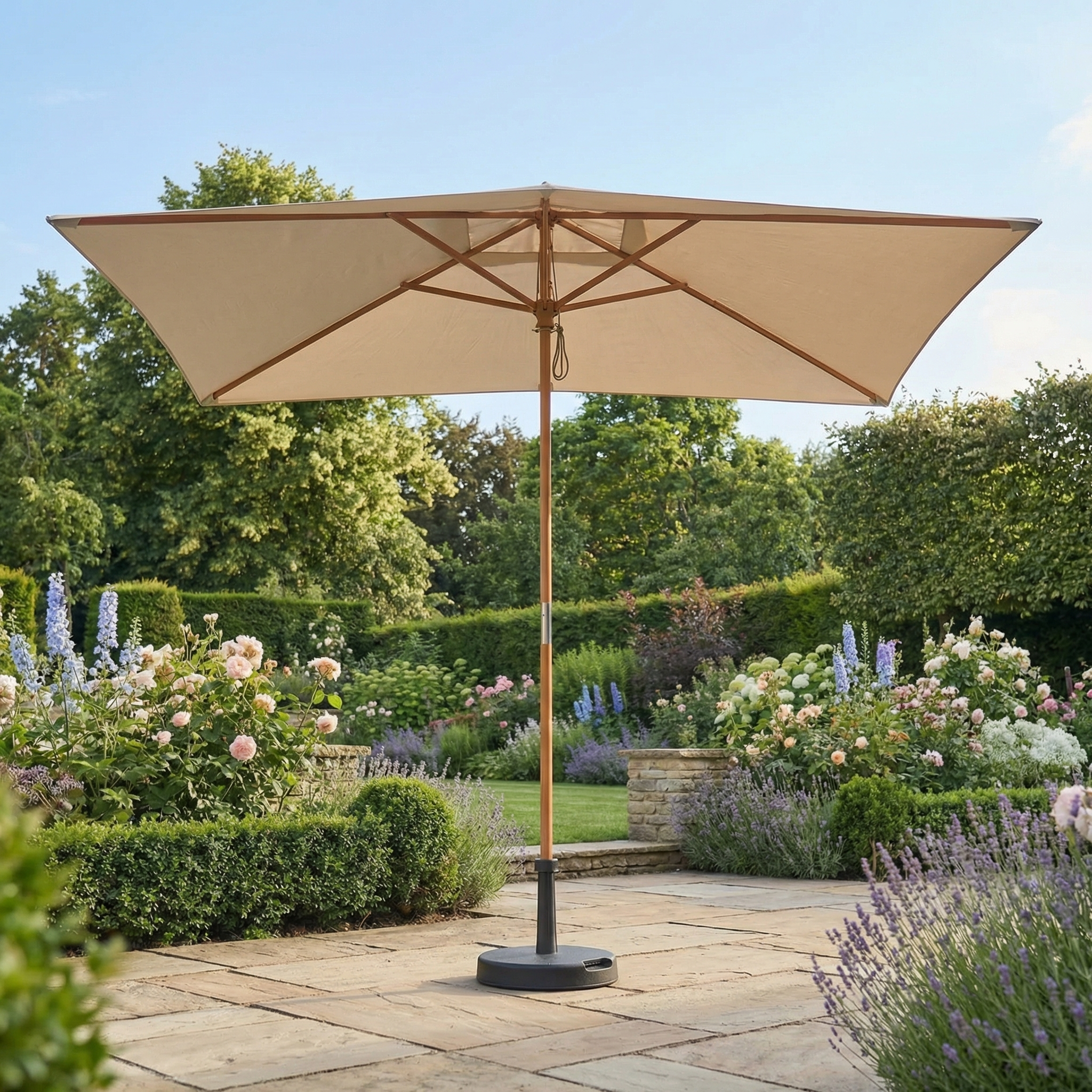 The Kratos 3m x 2m Rectangular Wooden Parasol in Beige with UV 50+ stands on a stone terrace in a lush, blooming garden.