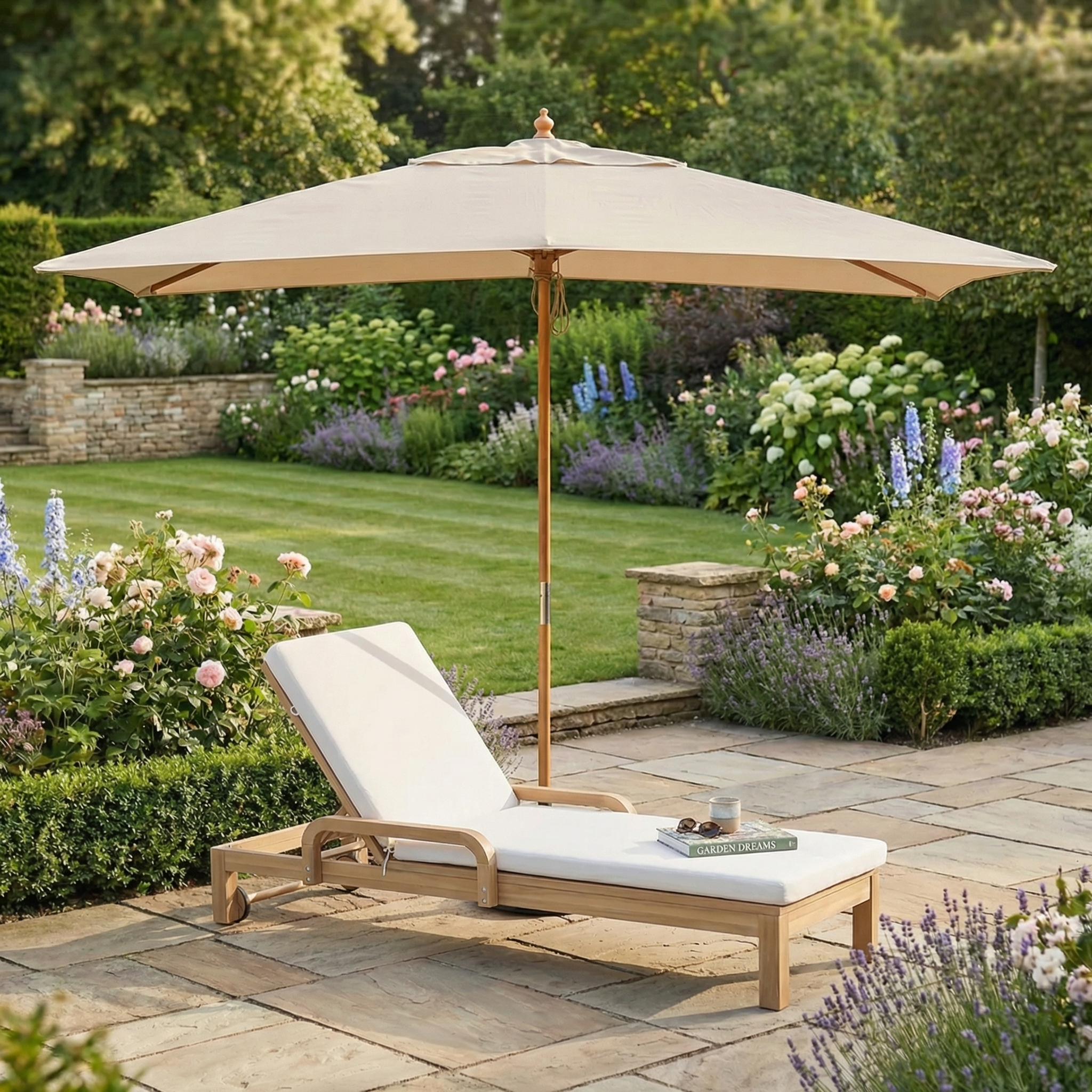 The Kratos 3m x 2m Rectangular Wooden Parasol in Beige with UV 50+ protection shades a cushioned lounge chair on a stone patio in a blooming garden.