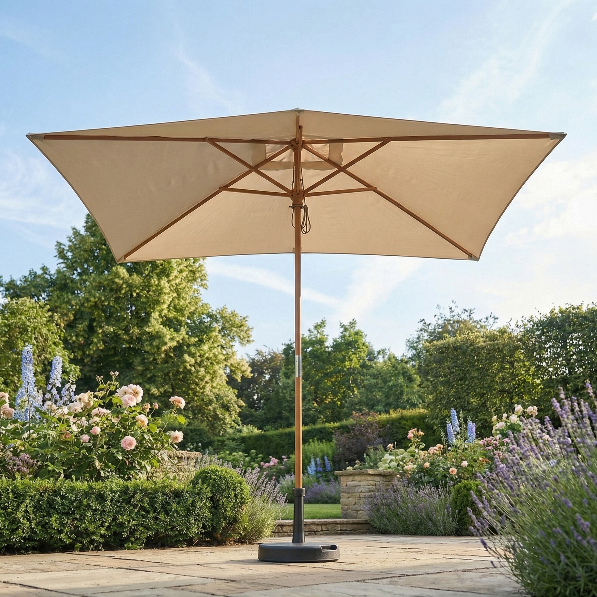 The Kratos 3m x 2m Rectangular Wooden Parasol in Beige (UV50+) stands open on a stone terrace, surrounded by blooming garden flowers and lush greenery.