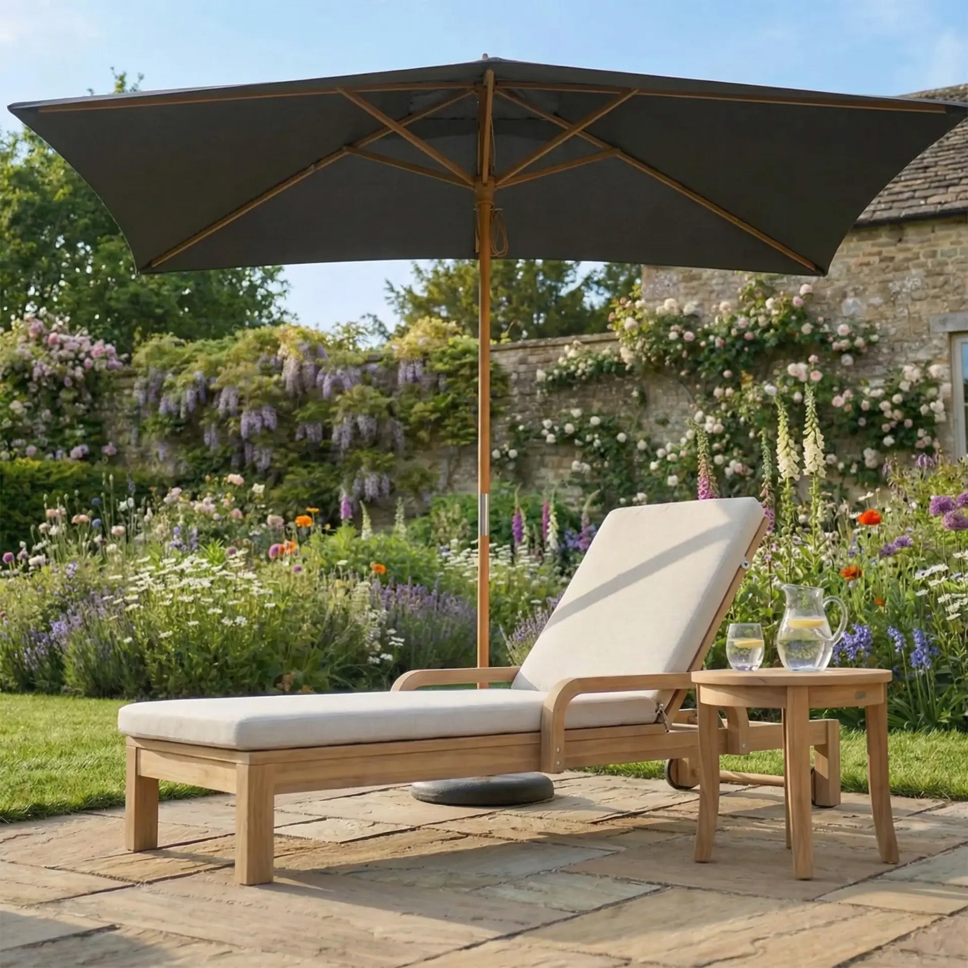 Relax on a wooden lounge chair with cushion, side table, and drinks in a blooming garden patio, all shaded by the stylish Kratos 3m x 2m Rectangular Wooden Parasol in Grey for perfect sun protection.