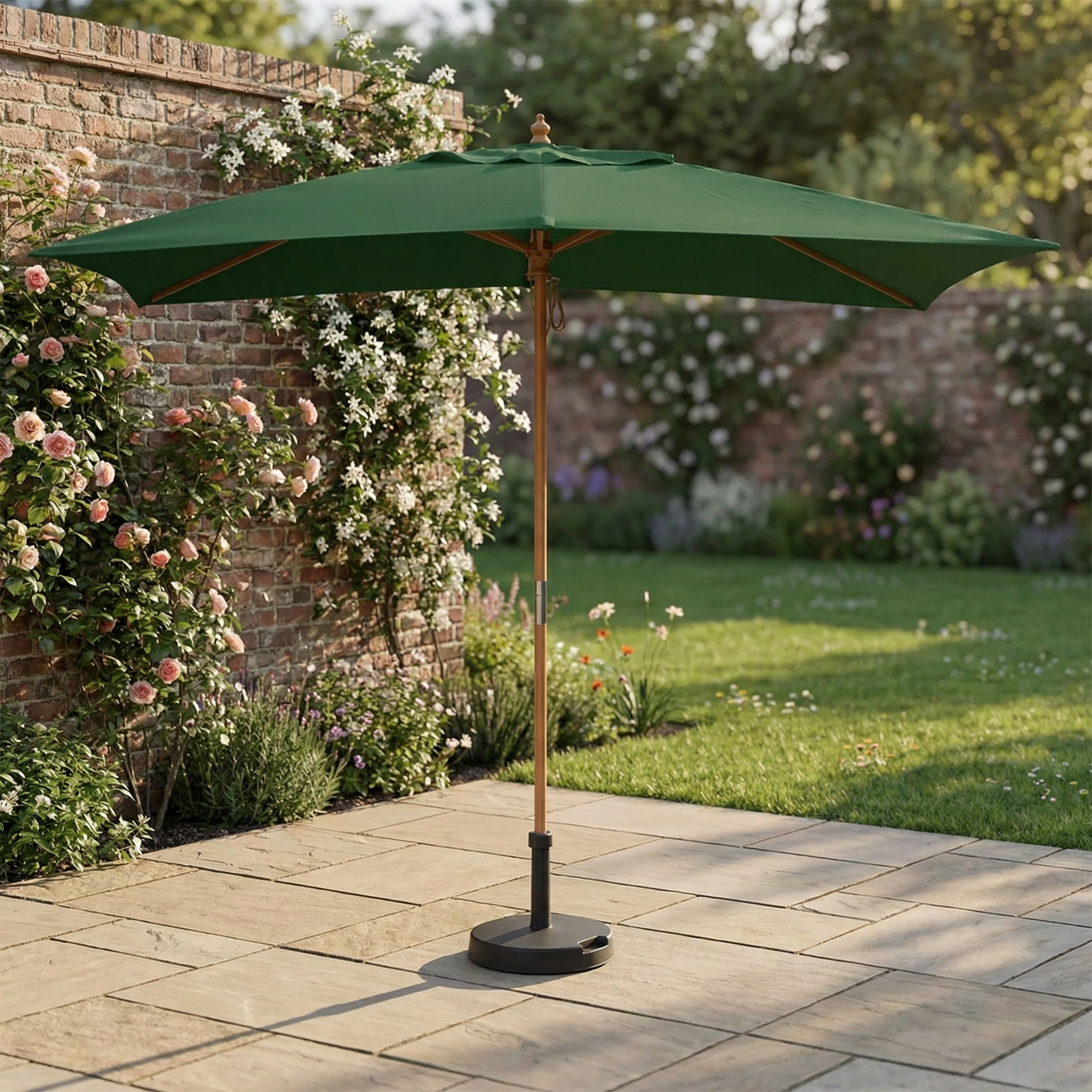 The Kratos 3m x 2m Rectangular Wooden Parasol in Green stands on a stone terrace in a garden, set against a brick wall and surrounded by flowering plants.