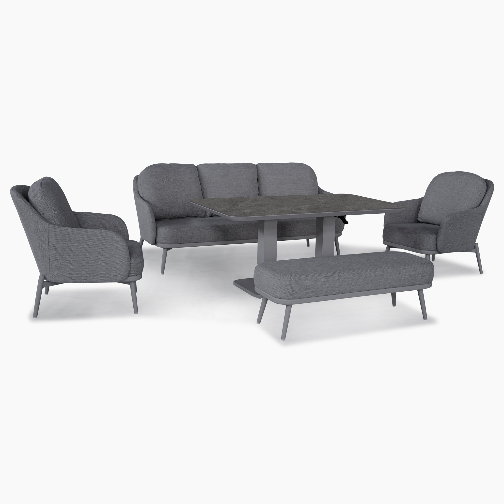 The Alva 3 Seat Sofa Dining Set with Rising Table in Grey includes a sofa, two armchairs, a bench, and a sleek rising table—ideal for both living rooms and stylish garden spaces.