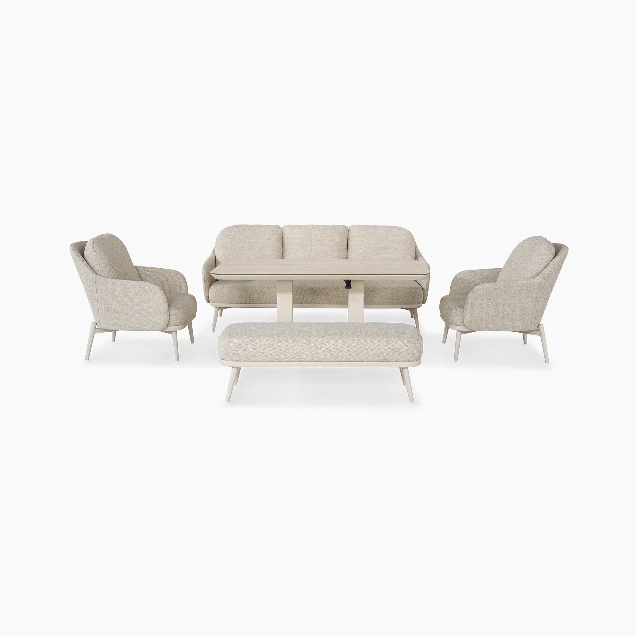 The Alva 3 Seat Sofa Dining Set with Rising Table in Fawn features a sofa, two chairs, and a bench arranged around a rectangular rising table—ideal as stylish outdoor garden furniture.