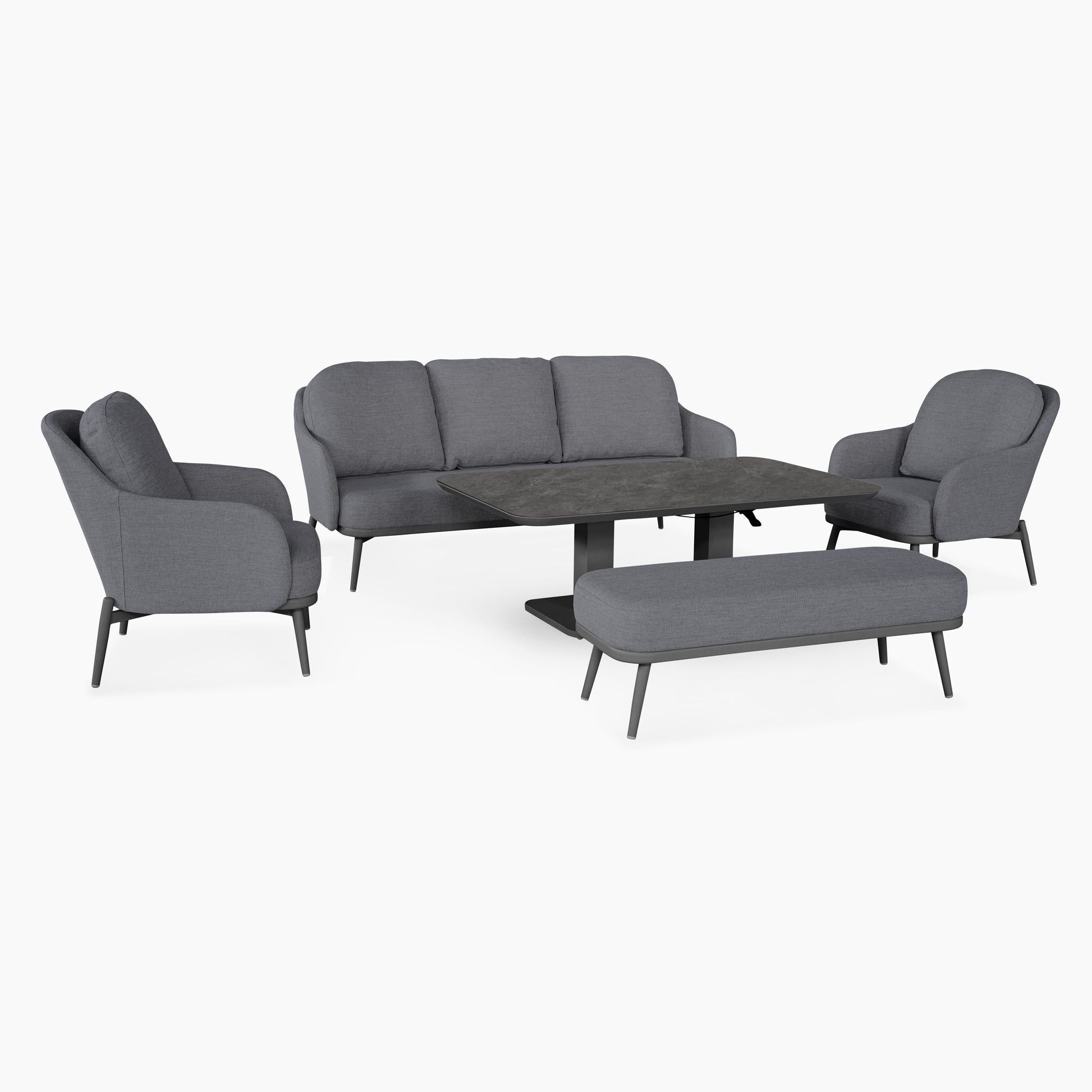 The Alva 3 Seat Sofa Dining Set with Rising Table in Grey features a sofa, two armchairs, a bench, and a versatile table—ideal for stylish outdoor gatherings.