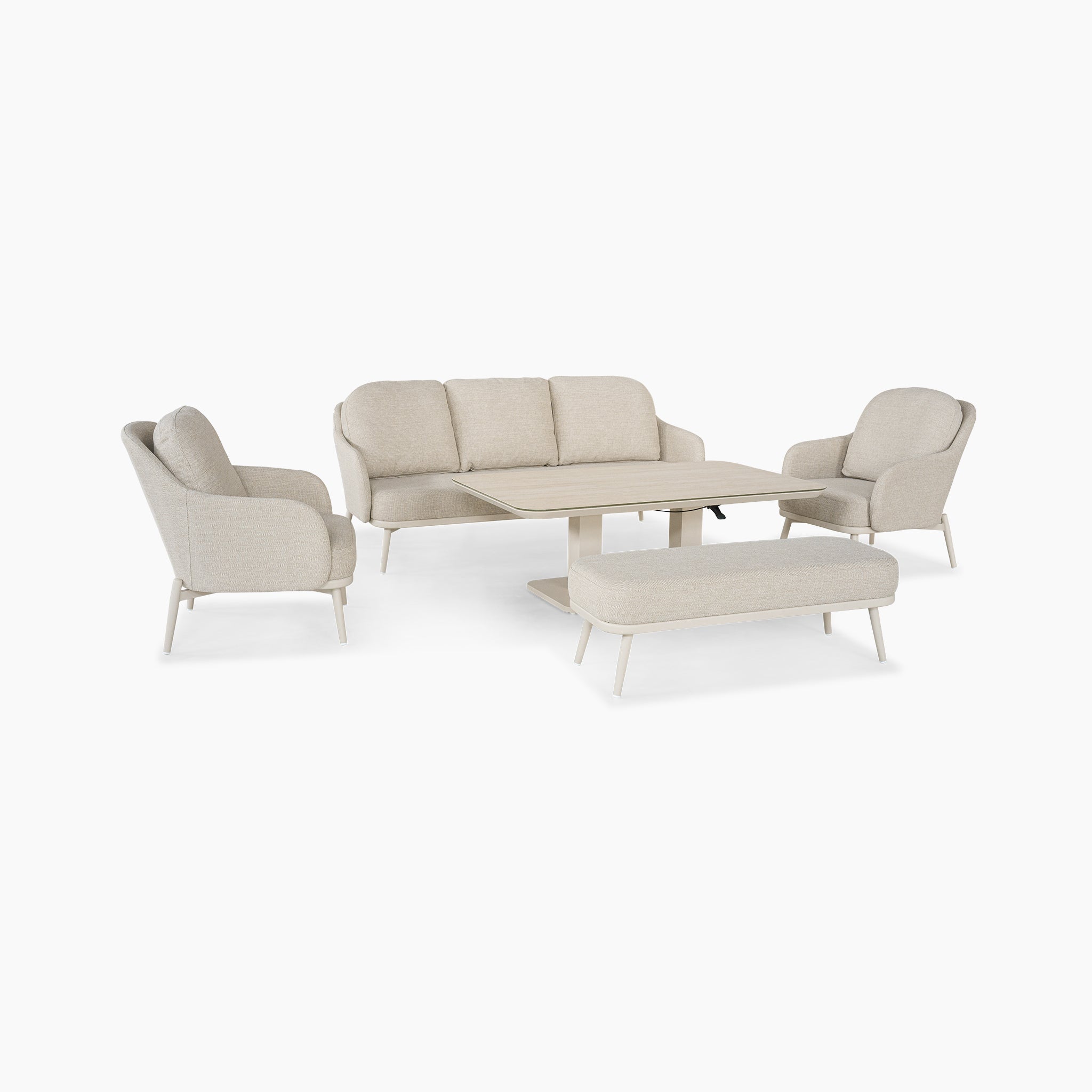 The Alva 3 Seat Sofa Dining Set with Rising Table in Fawn includes a sofa, two armchairs, a bench, and a rectangular rising table—ideal for stylish comfort as outdoor garden furniture.