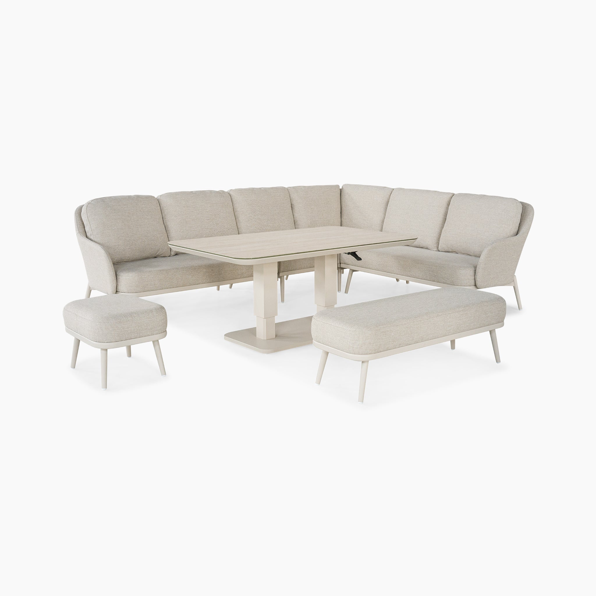 The Alva Corner Dining Set with Rising Table in Fawn (Right Hand) includes a beige sectional sofa, rectangular rising table, ottoman, and bench—ideal as elegant garden furniture on a white background.