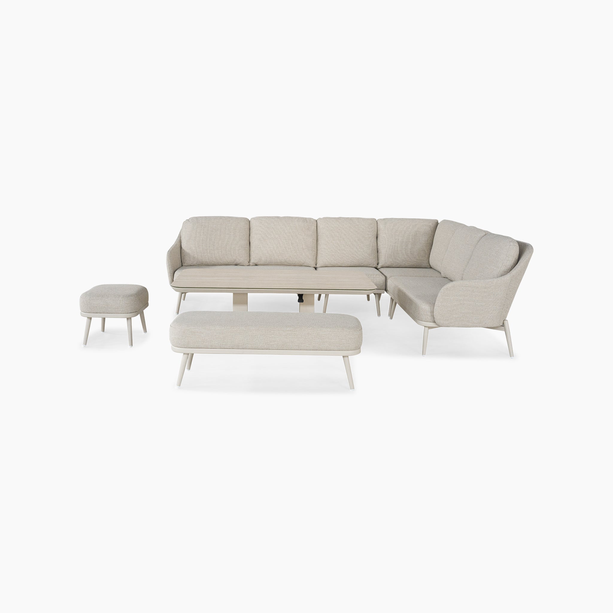 The Alva Corner Dining Set with Rising Table in Fawn (Right Hand) features an L-shaped sectional, two ottomans, and a rectangular rising table—stylish garden furniture shown on a white background.
