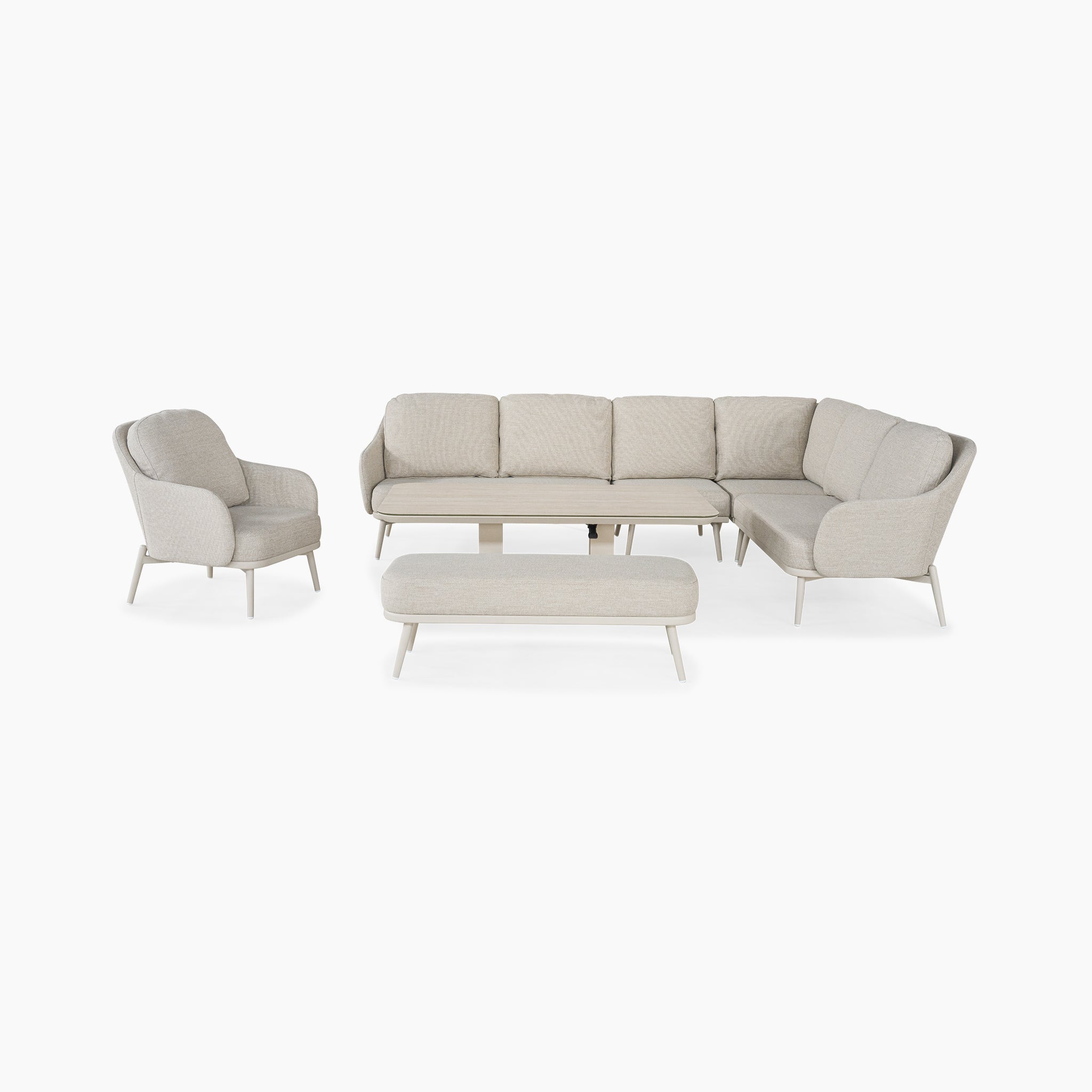 The Alva Corner Dining Set with Rising Table and Armchair in Fawn, featuring an ottoman, is stylish garden furniture perfect for modern outdoor spaces.