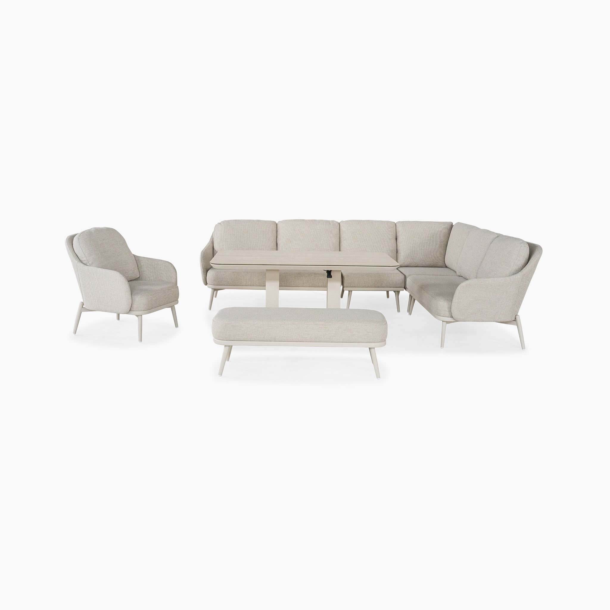 The Alva Corner Dining Set with Rising Table and Armchair in Fawn includes an ottoman and is perfect as stylish garden furniture, shown here on a white background.