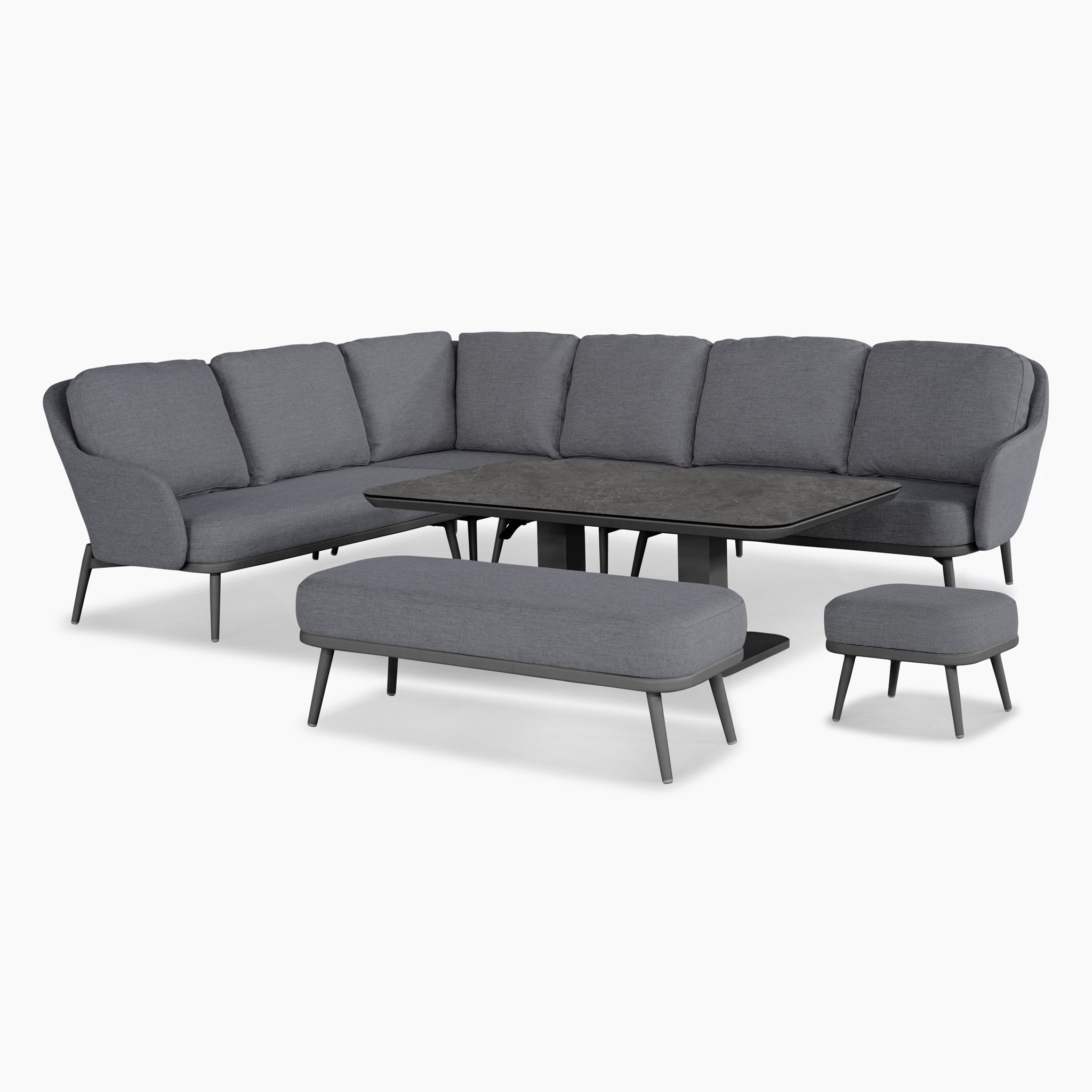 The Alva Corner Dining Set with Rising Table in Grey features an L-shaped sectional, matching bench and stool, rectangular coffee table, and a versatile rising table—an ideal choice for stylish garden furniture.