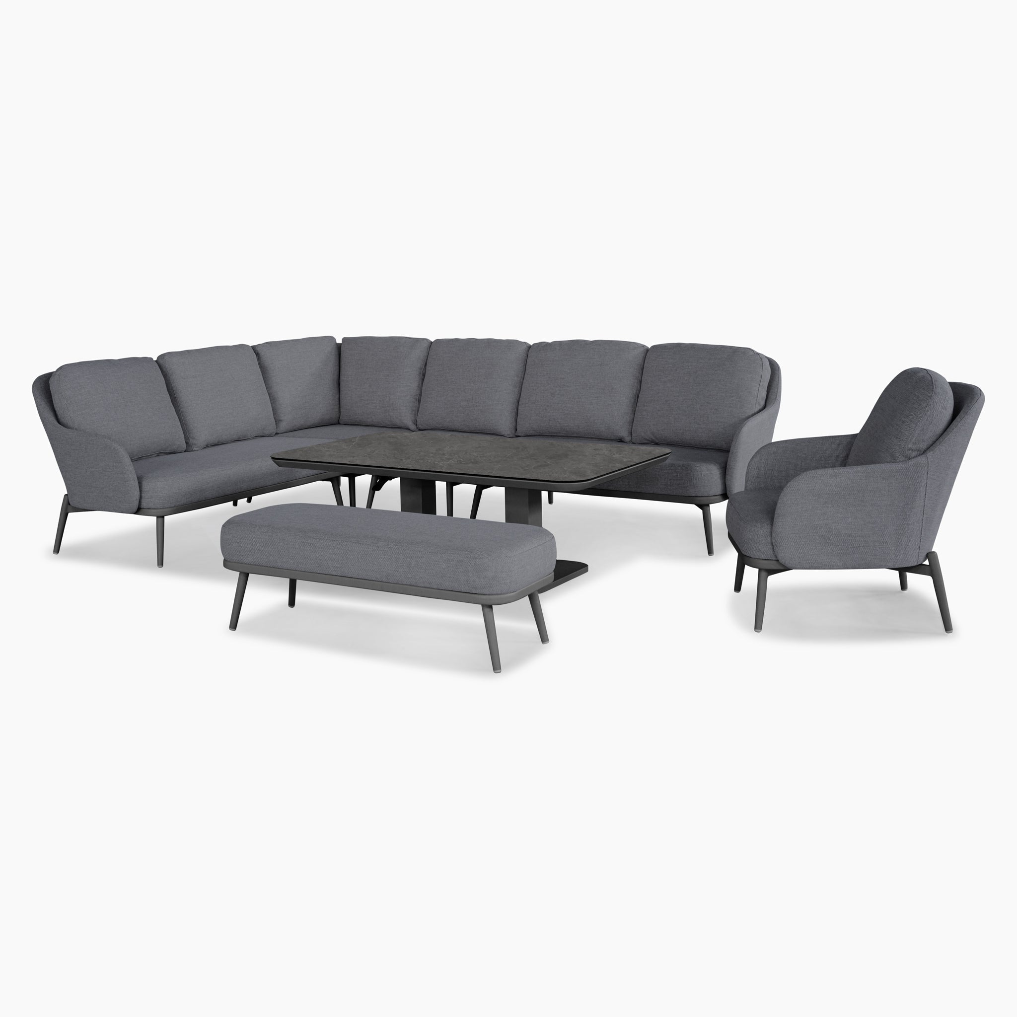 The Alva Corner Dining Set with Rising Table and Armchair in Grey (Left Hand) features a sectional sofa, armchair, bench, and rectangular rising table—ideal for stylish outdoor dining. Shown on a white background.