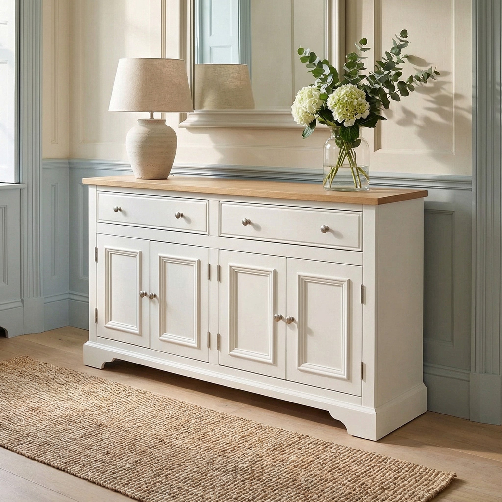 Amberley Large 4 Door 2 Drawers Sideboard in Warm White, topped with a lamp and vase of flowers, with a mirror above.