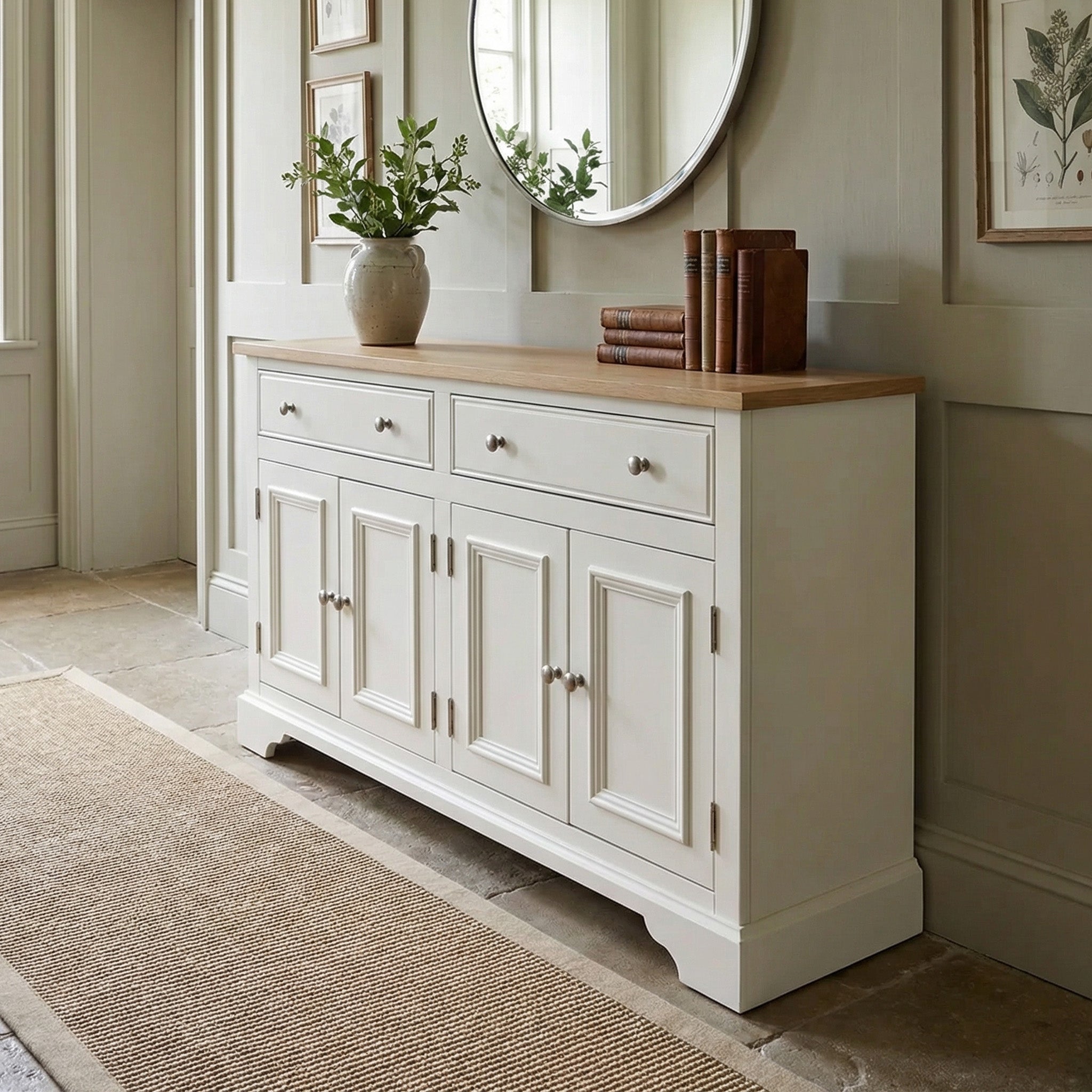 The Amberley Large 4 Door 2 Drawers Sideboard in Warm White, styled with a round mirror, books, and a vase with greenery, brings charm to a bright hallway.