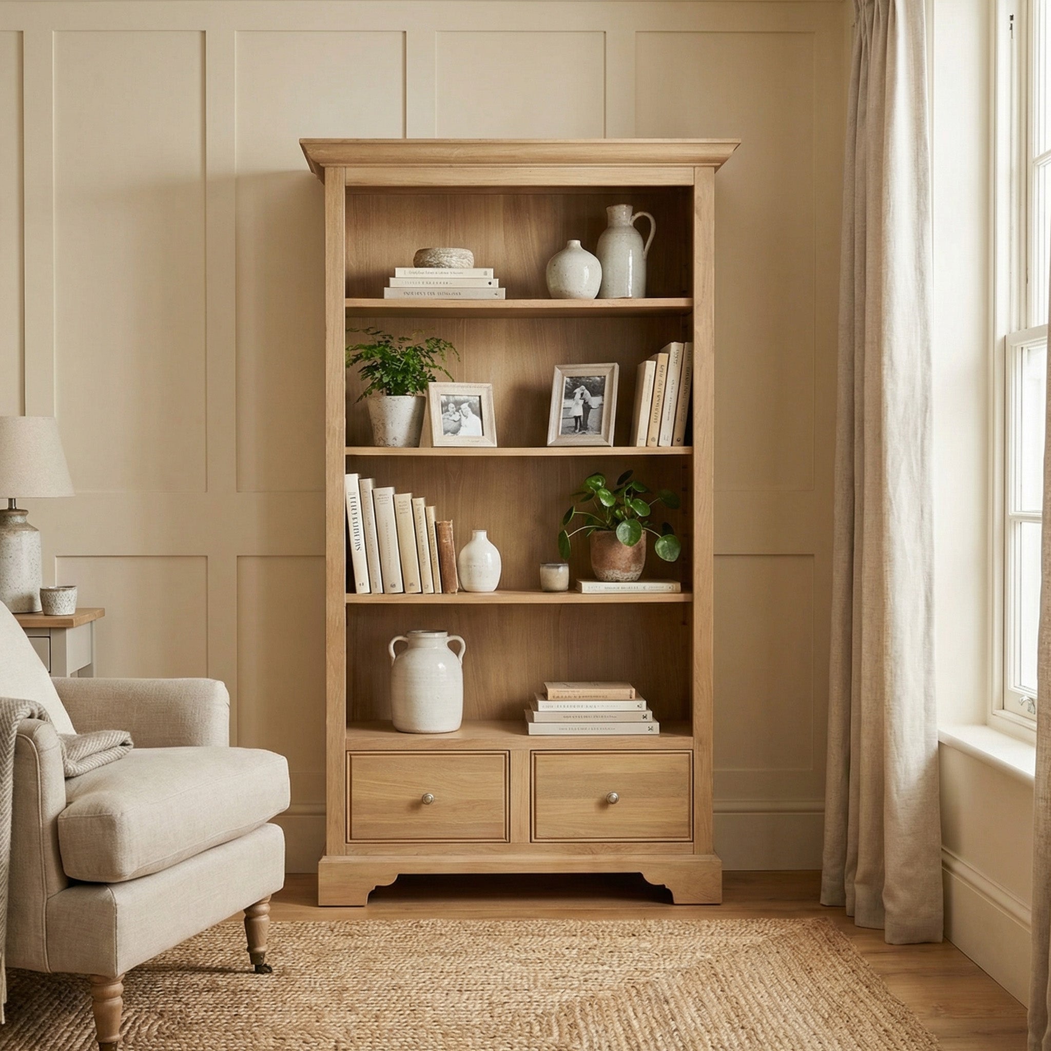 The Amberley Large Bookcase in Light Oak holds books, photos, vases, and plants—bringing charm to bright living rooms with modern country style.