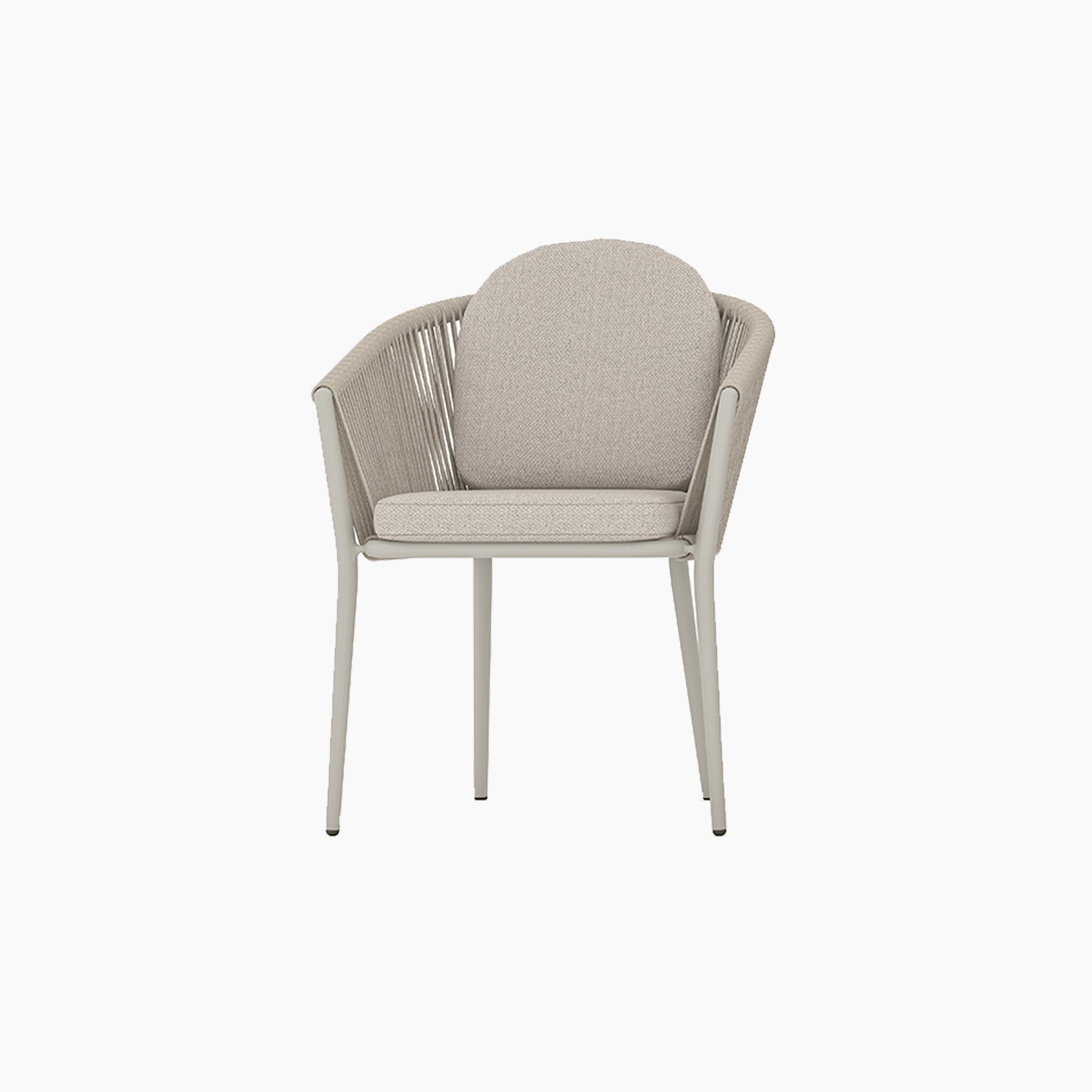 Beige cushioned armchair with a rounded backrest and slim metal legs, viewed from the front—ideal for pairing with the Ravona 10 Seat Rope Extending Dining Set (207-277cm) in Latte to complete your modern outdoor dining space.