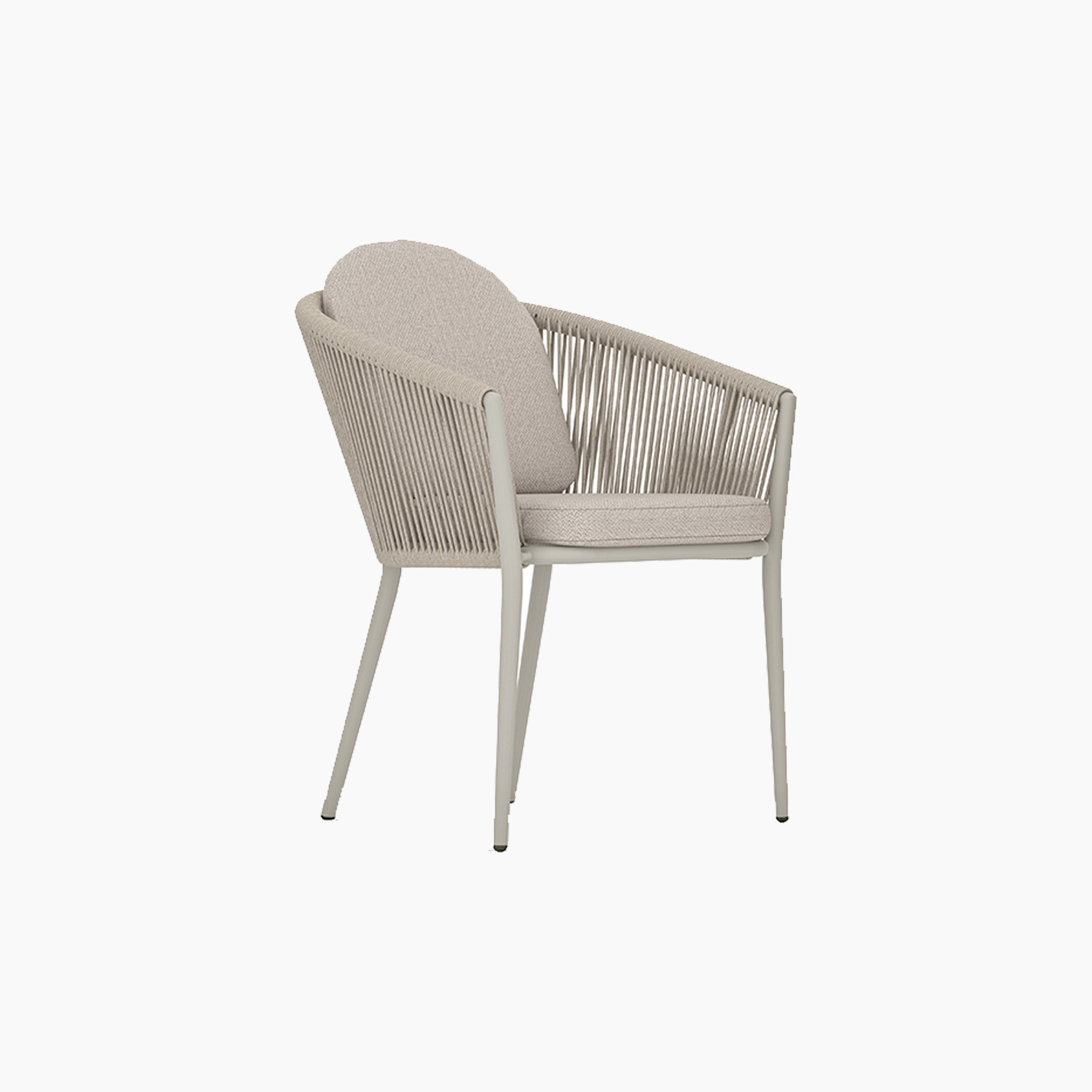 Beige cushioned chair with a rounded back, rope detailing, and slim metal legs—ideal match for garden furniture or the Ravona 8 Seat Rope Extending Dining Set (162-222cm) in Latte on a white background.