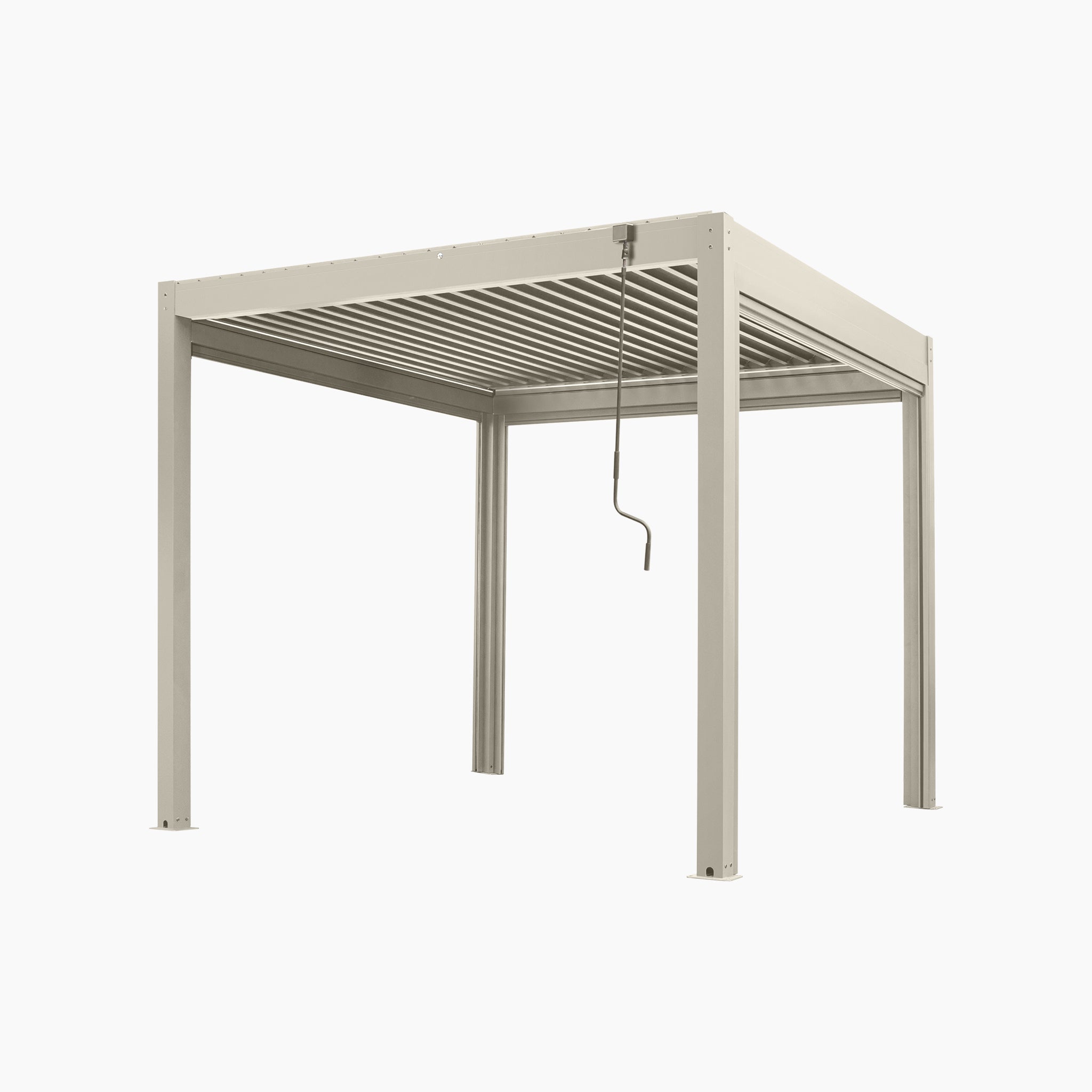 PergoSTET Plus Frame Only 3m x 3m Square Pergola in Latte with LED lighting, featuring a waterproof louvred slatted roof and hanging crank handle, shown against a white background.