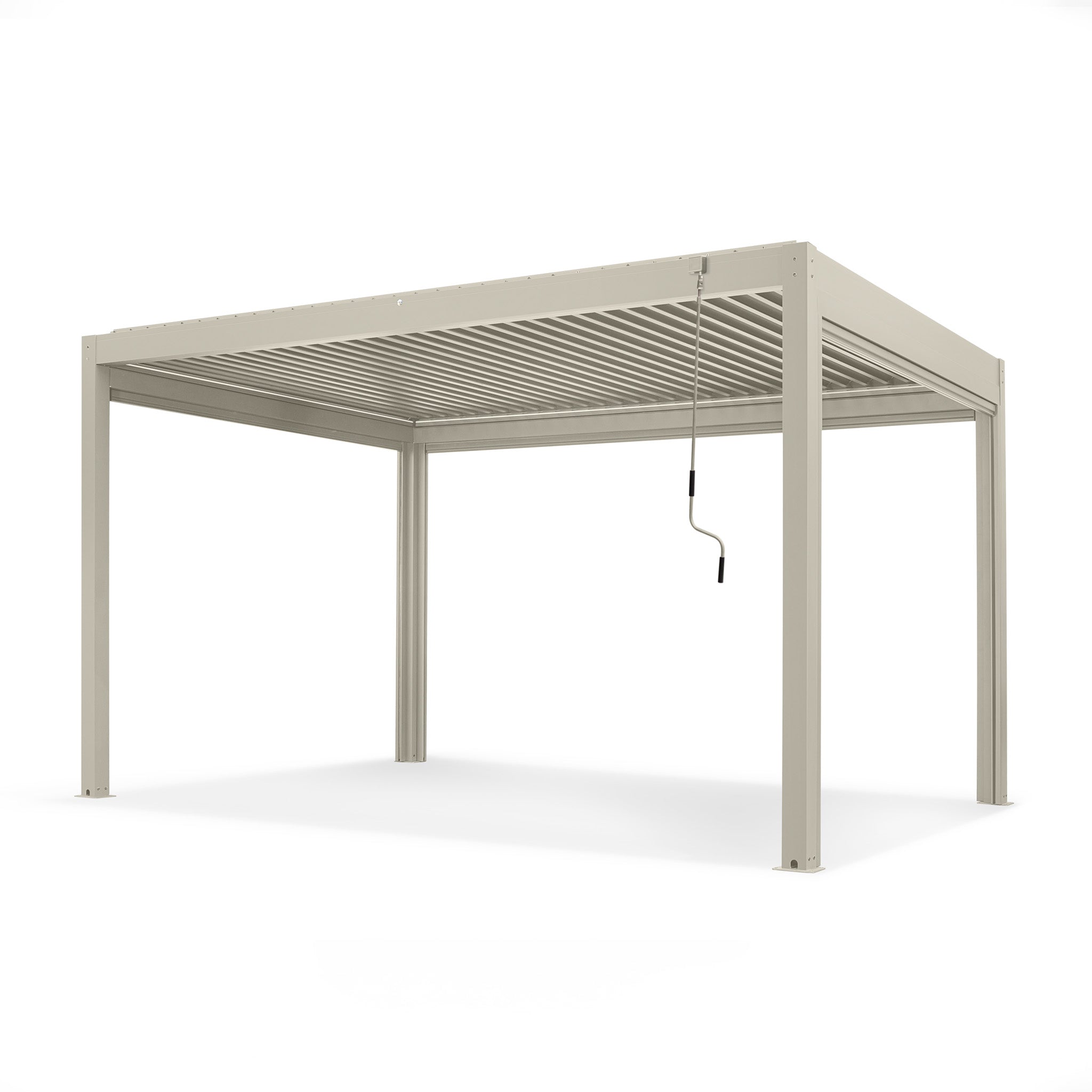 The PergoSTET Plus Frame Only 3m x 4m Rectangular Pergola in Latte features a slatted roof, integrated LED lighting, and a freestanding metal frame for easy setup and adjustment.
