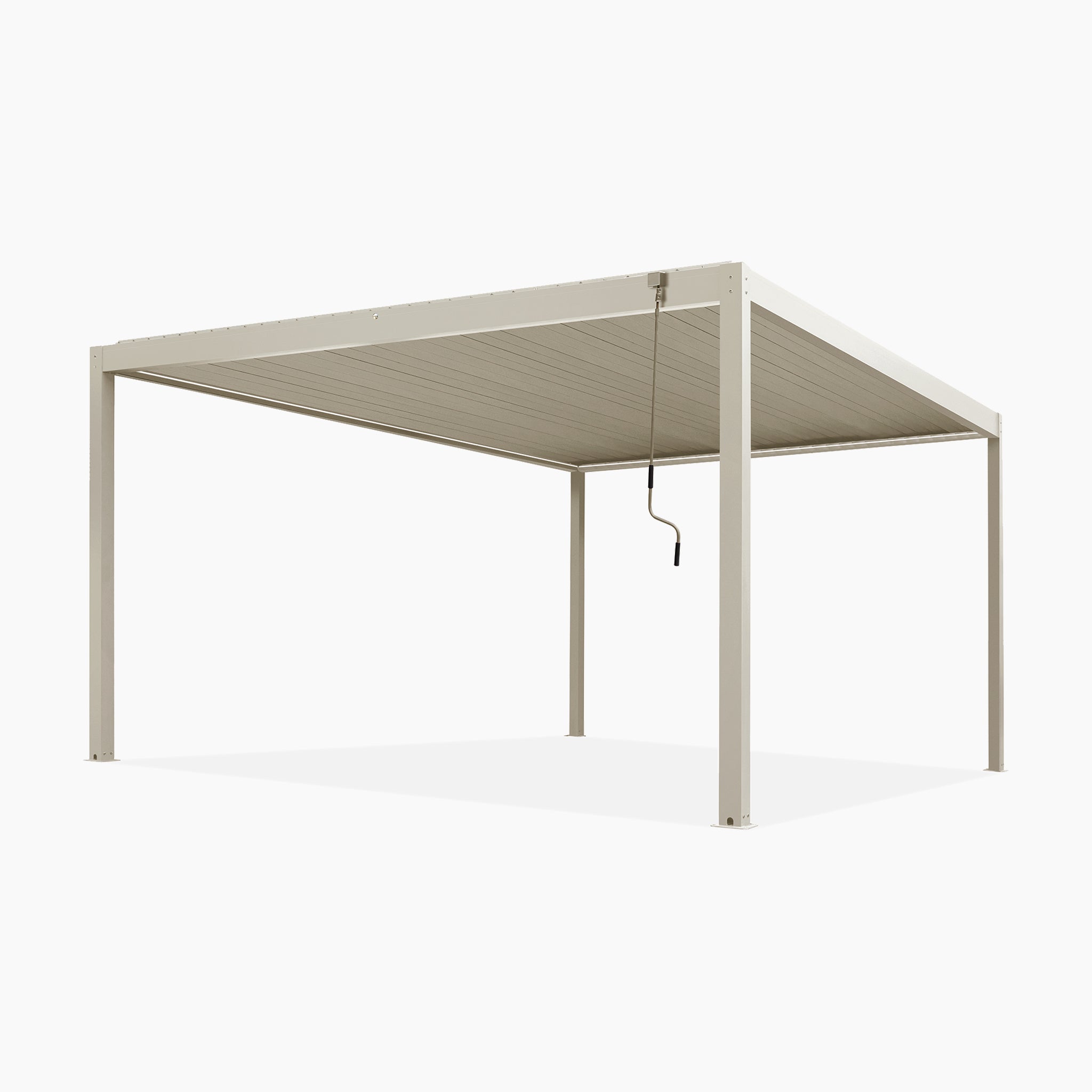 The PergoSTET Plus 4m x 4m Square Pergola in Latte features a metal frame, flat louvred roof, and hand crank for adjustable shade, making it a versatile addition to modern outdoor spaces. Includes LED lighting. Frame only.