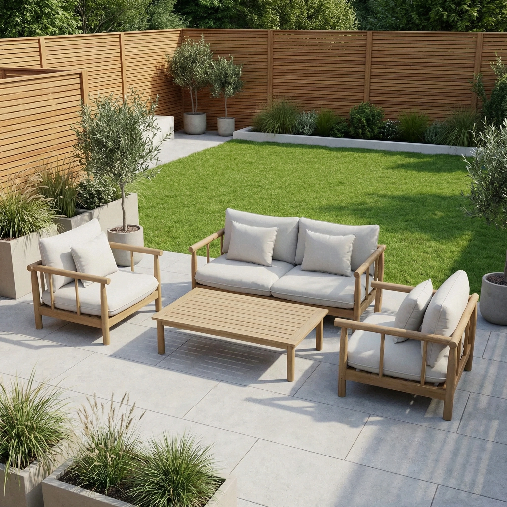The Lavenham 2 Seat Sofa Set in Linen, made from sustainably sourced eucalyptus wood and cream cushions, creates an inviting outdoor lounge for your garden—perfect on a tiled terrace with greenery and potted plants.