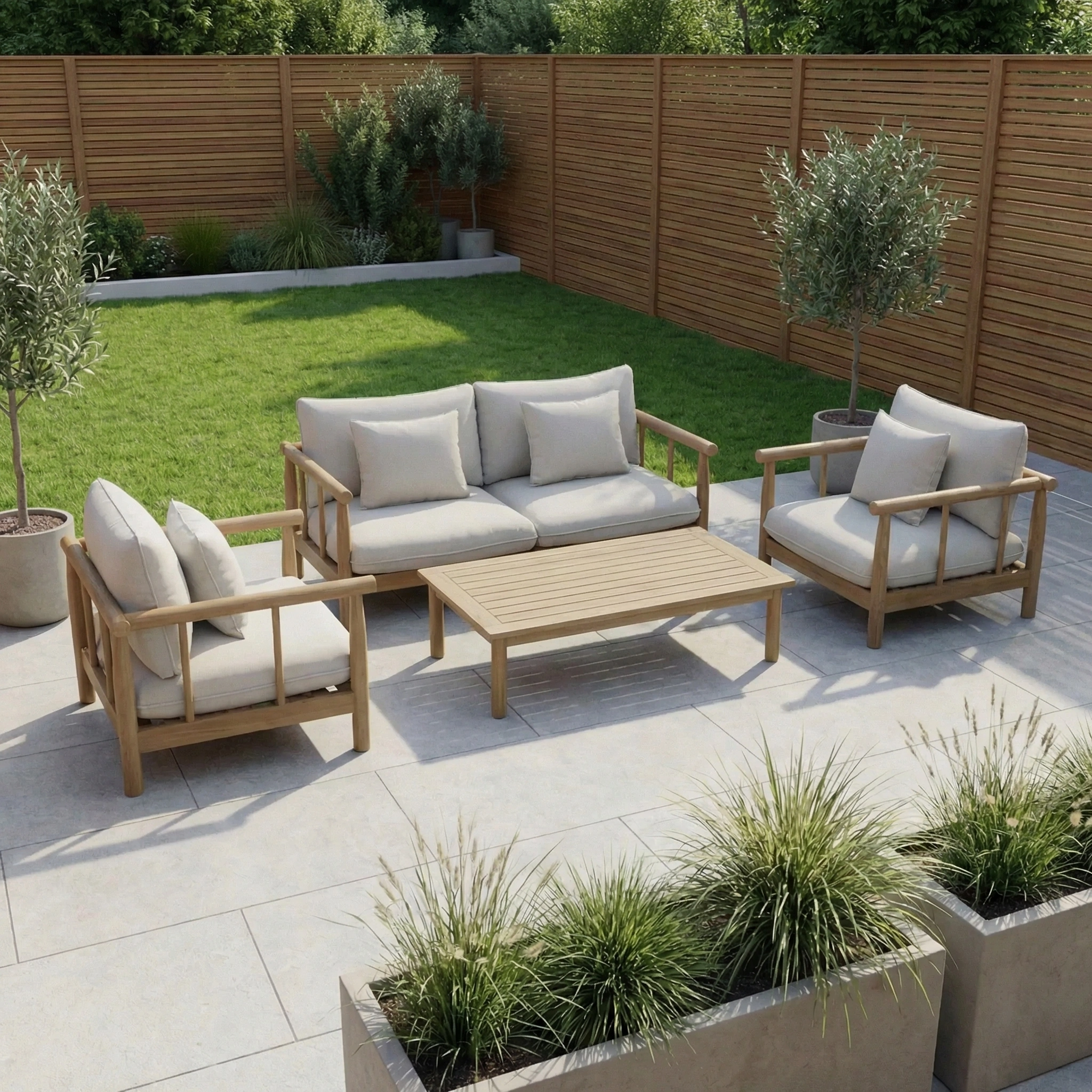 Modern patio featuring the Lavenham 2 Seat Sofa Set in Linen, crafted from sustainably sourced eucalyptus wood with cream cushions, complemented by potted plants and a green lawn bordered by a privacy fence.
