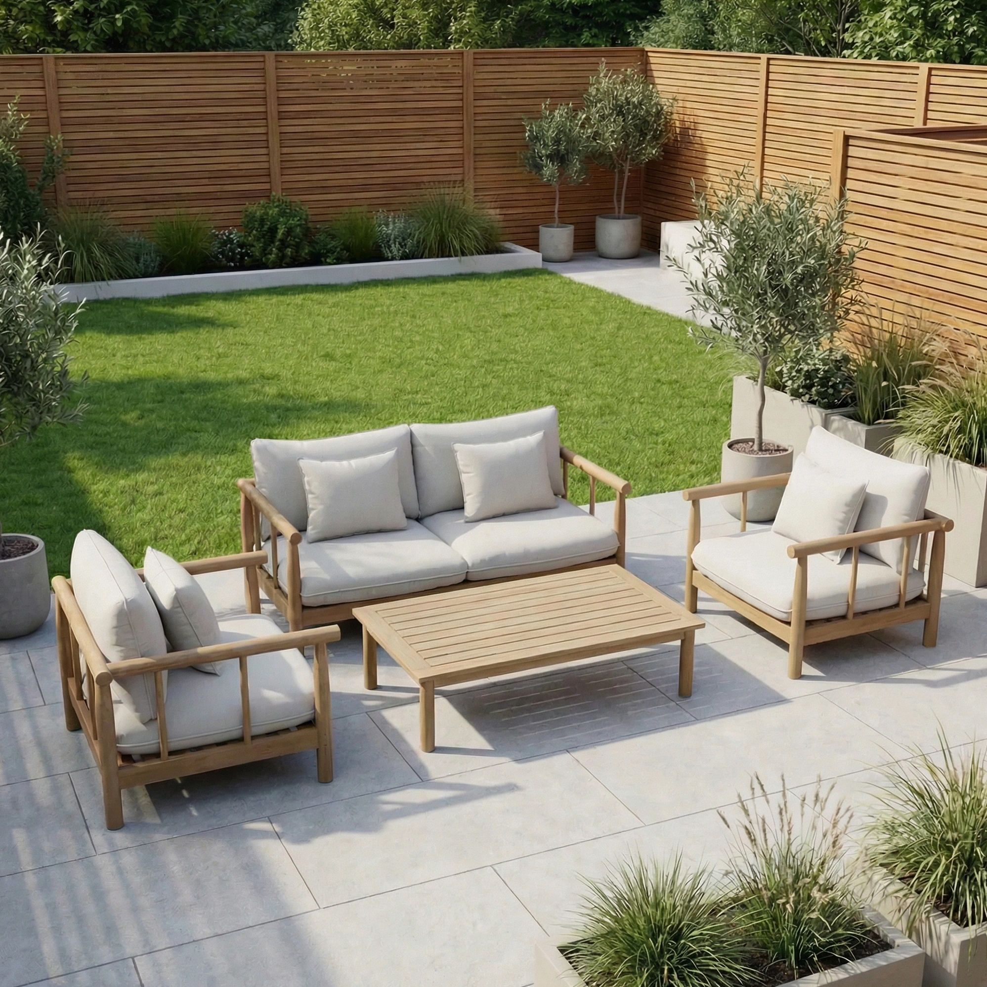 Modern patio featuring the Lavenham 2 Seat Sofa Set in Linen, crafted from sustainably sourced eucalyptus wood with gray cushions, surrounded by potted plants and a wooden fence around a green lawn.